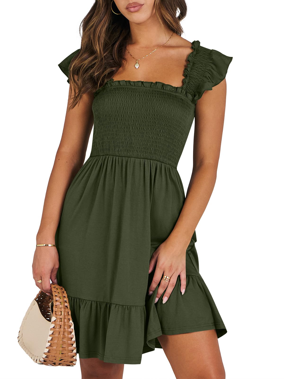 ANRABESS Women's Summer Casual Sleeveless Square Neck Dress 2026 Smocked Ruffle Backless Boho Beach Cute Teen Short Sundress Green Small