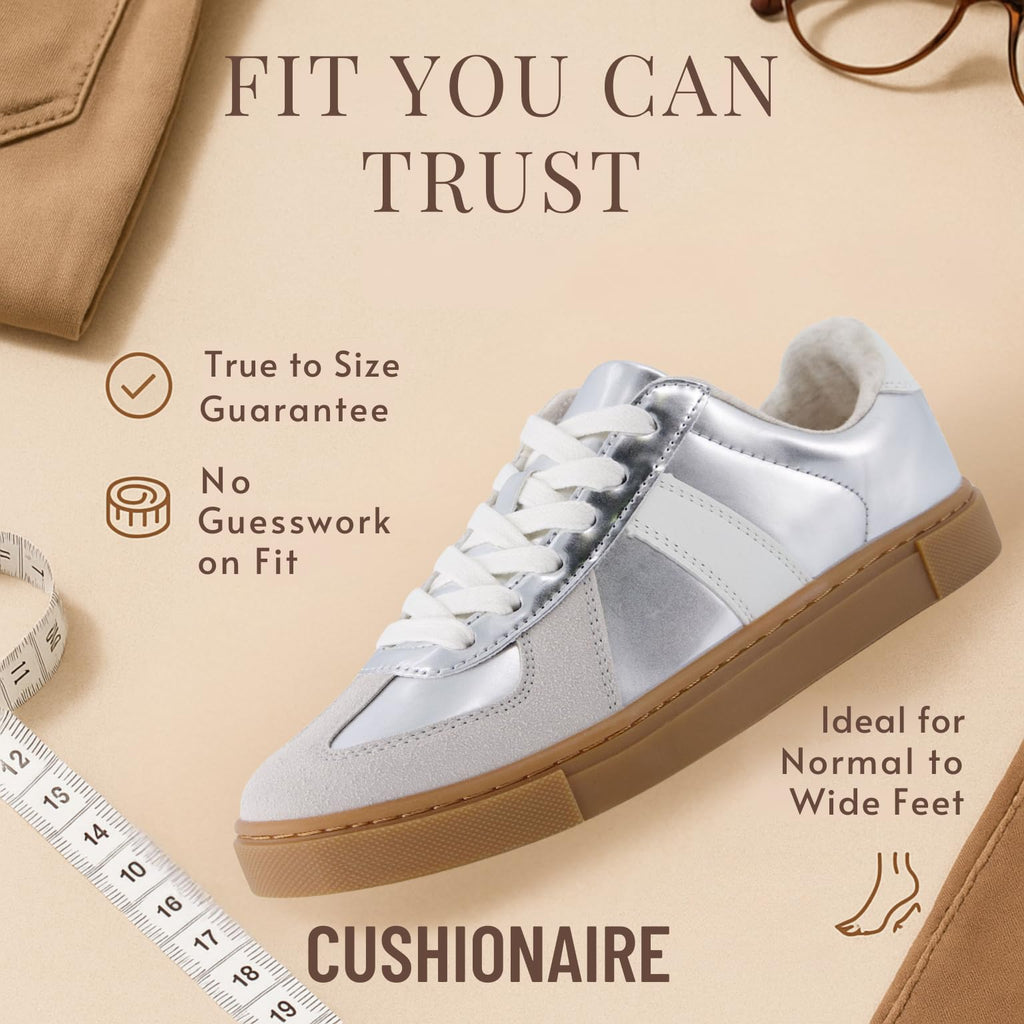 CUSHIONAIRE Bailey Womens Retro Sneaker, Classic Everyday Sneakers for Women with Sleek Rounded Toe and Memory Foam, SILVER 8.5