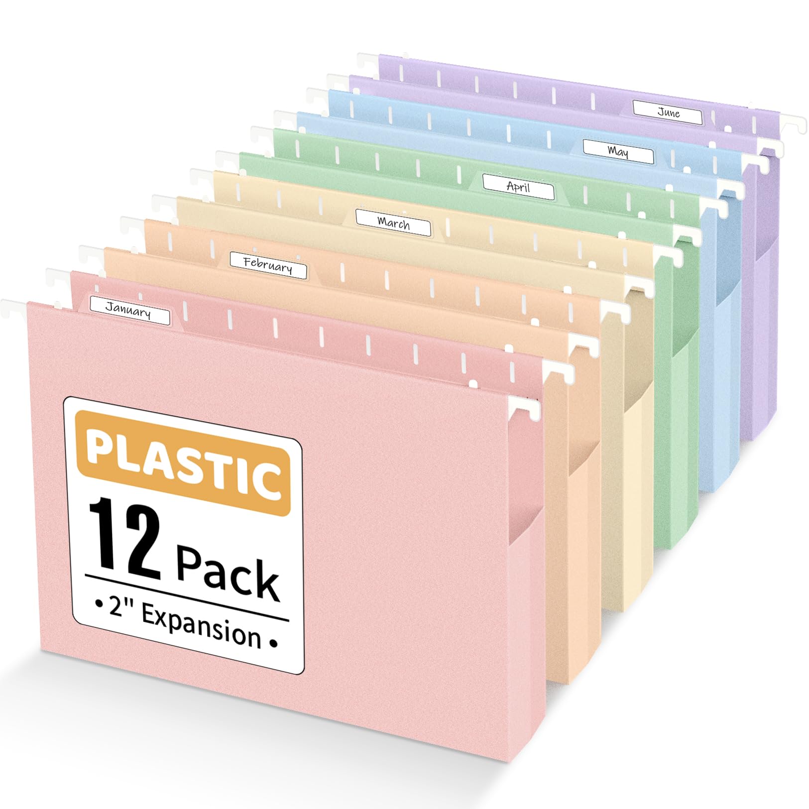 Sooez Extra Capacity Plastic Hanging File Folders, 12 Count Expanding File Folders Letter Size with 2" Expansion, File Organizer with 1/6-Cut Adjustable Tab for File Cabinet, Drawer, Pastels Colors