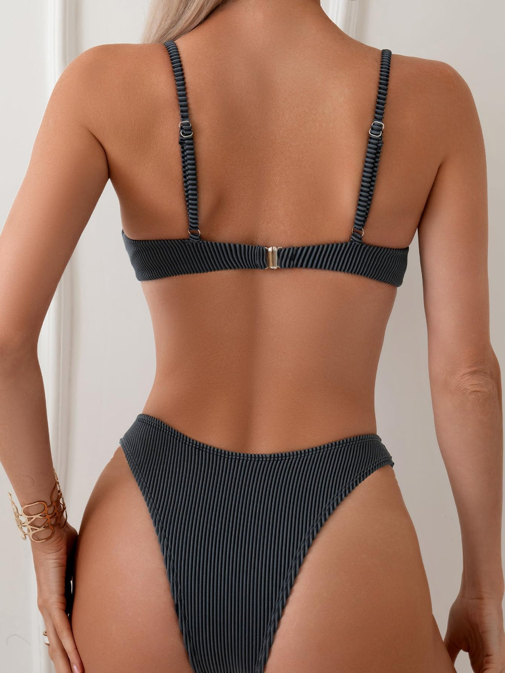 Fanuerg Women Underwire Triangle Bikini Spaghetti Strap Push Up Swimsuit Cheeky Two Piece Bathing Suit Grey S