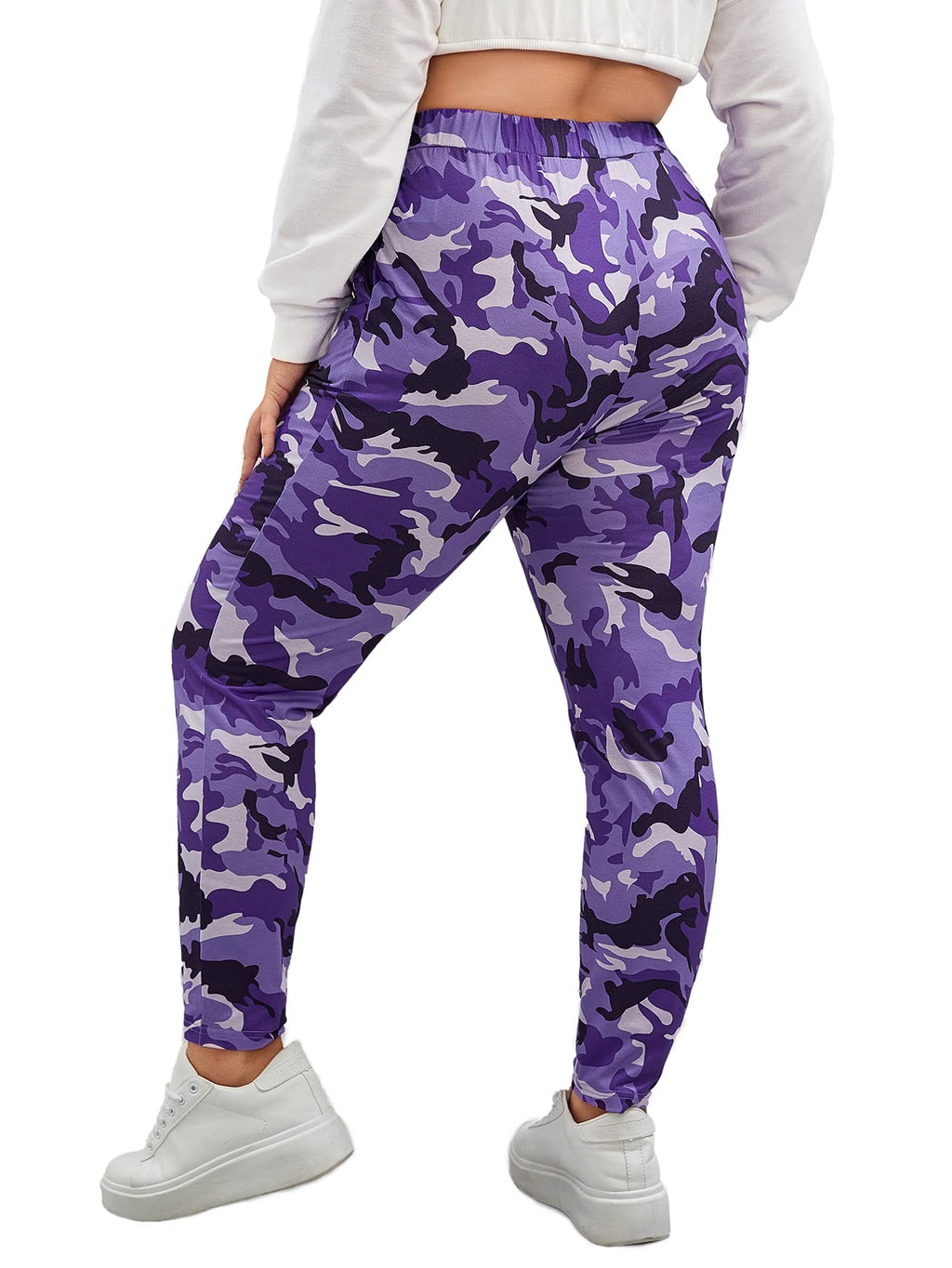 WDIRARA Women's Plus Size Camo Print Tie Front Stretch Skinny Long Pants Multicolor Purple 2XL
