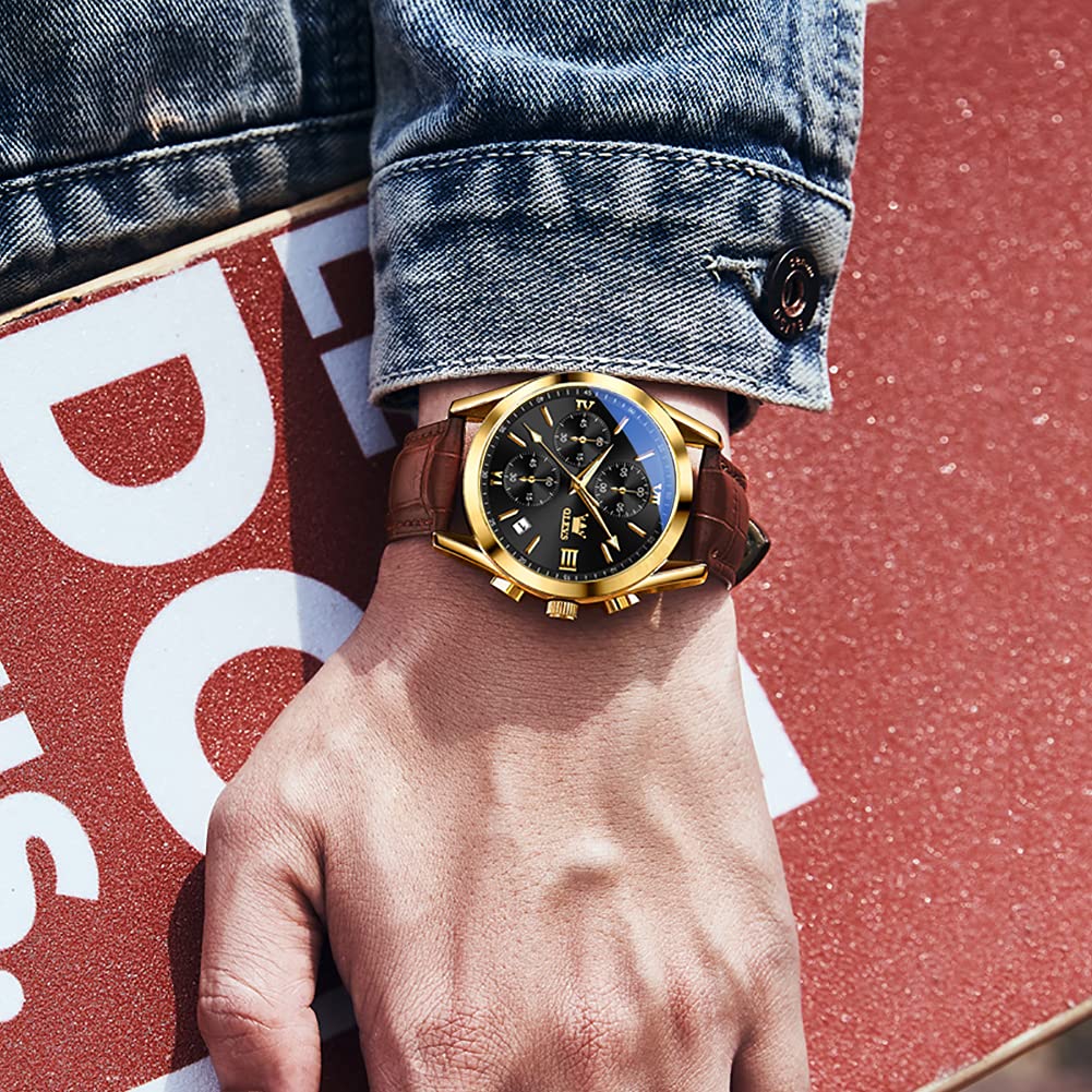 OLEVS Men's Round Watches with Leather Band Auto Date Quartz Watches for Men Black Dial Roman Number Men's Chronograph Watch Rose Gold Bezel Three Hands Classic Mens Sports Wristwatch Reloj De Hombre