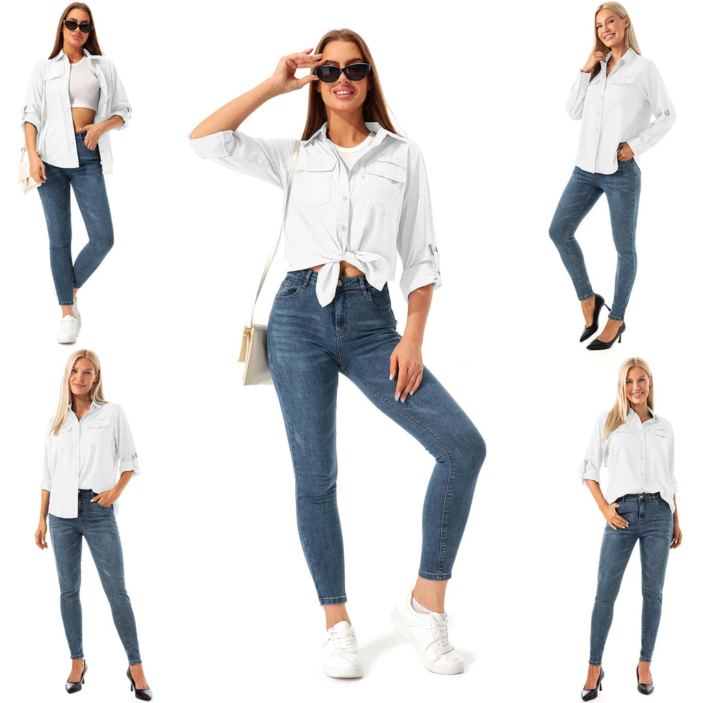 Womens Safari Shirts Long Sleeve Outdoor Sun Protection Quick Dry Fishing Hiking Shirts (5026 White XXL)