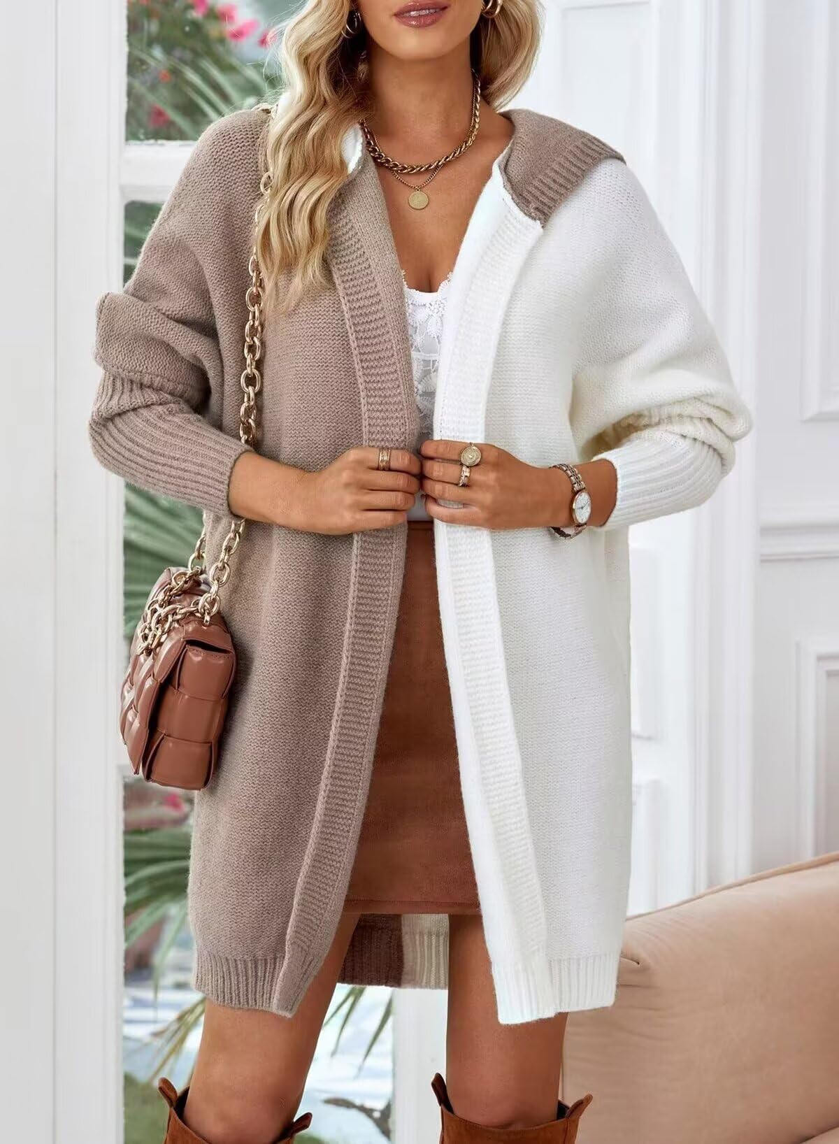 Astylish Women Fall Outfits Long Sleeve Open Front Knit Cardigan Hoodie Outwear Color Block Sweater Khaki Small