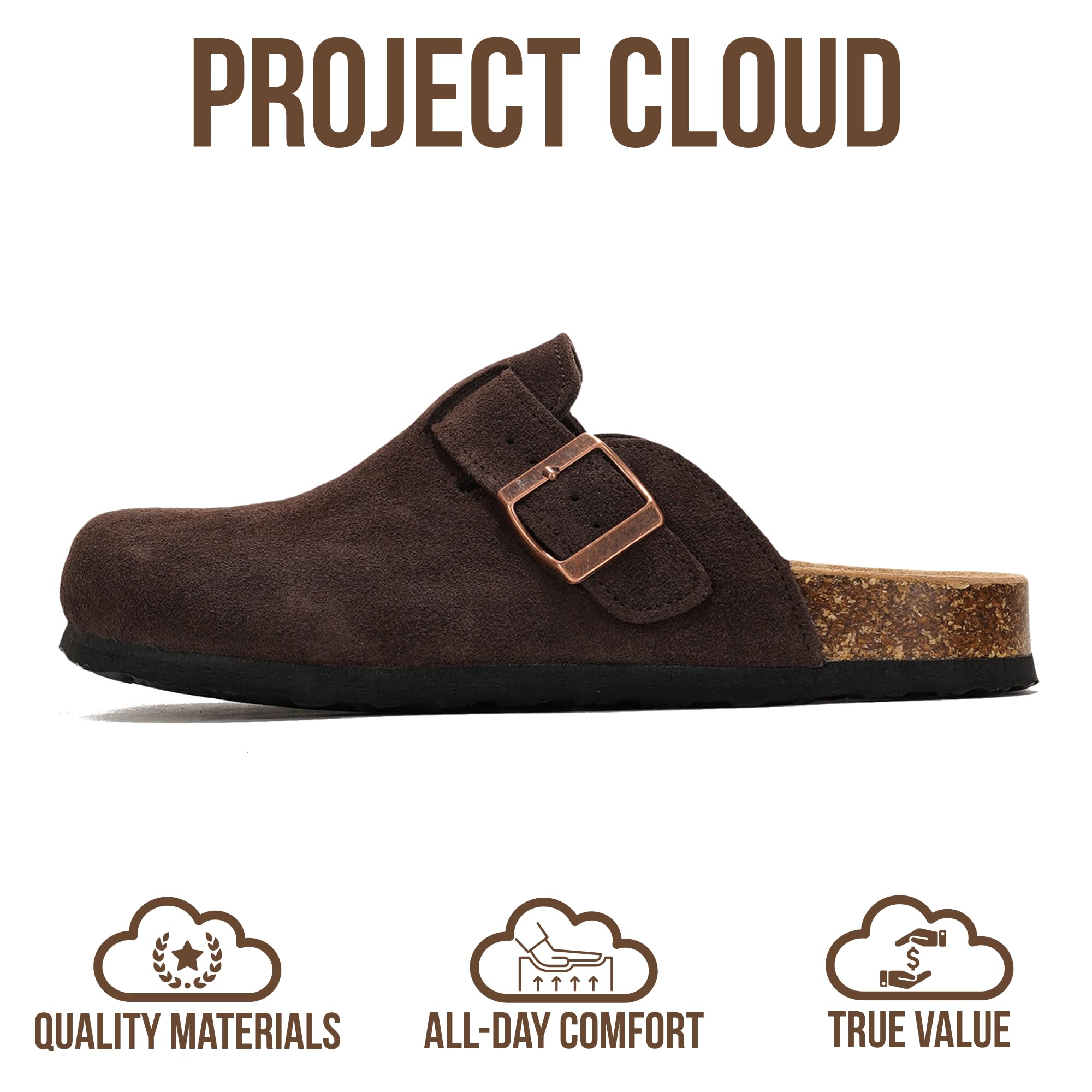 Project Cloud Genuine Leather Footbed Clogs for Women - Memory Foam Arch Support Slippers for Women - Trendy Slip-ons Women's Mules & Clogs Sandals (Benton, CHOCBRWNSUED, 6.5)