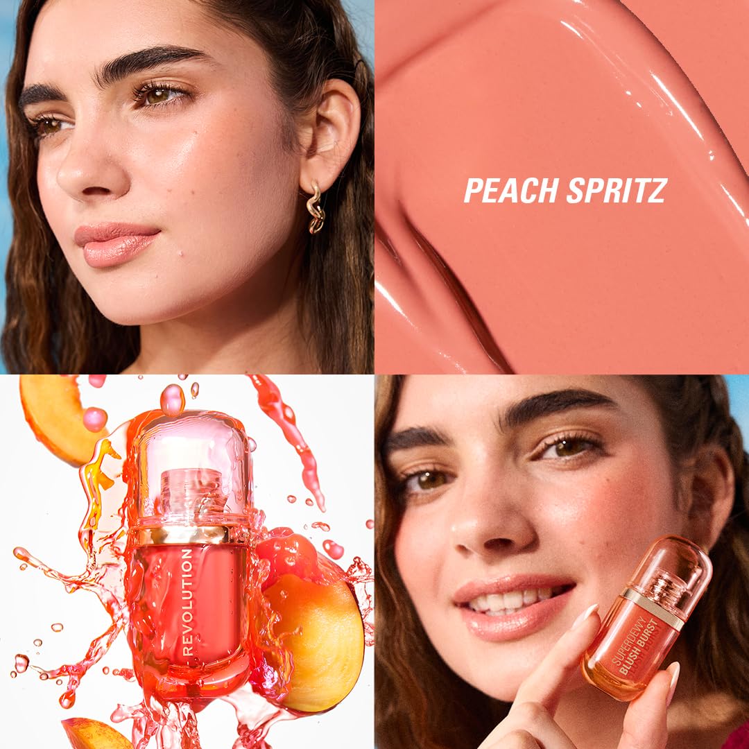 Revolution Beauty London, Superdewy Liquid Blush Burst, Buildable Color for Cheek, Serum Formula with Peptides & Hyaluronic Acid, Vegan & Cruelty-Free, Peach Spritz, 0.14 oz