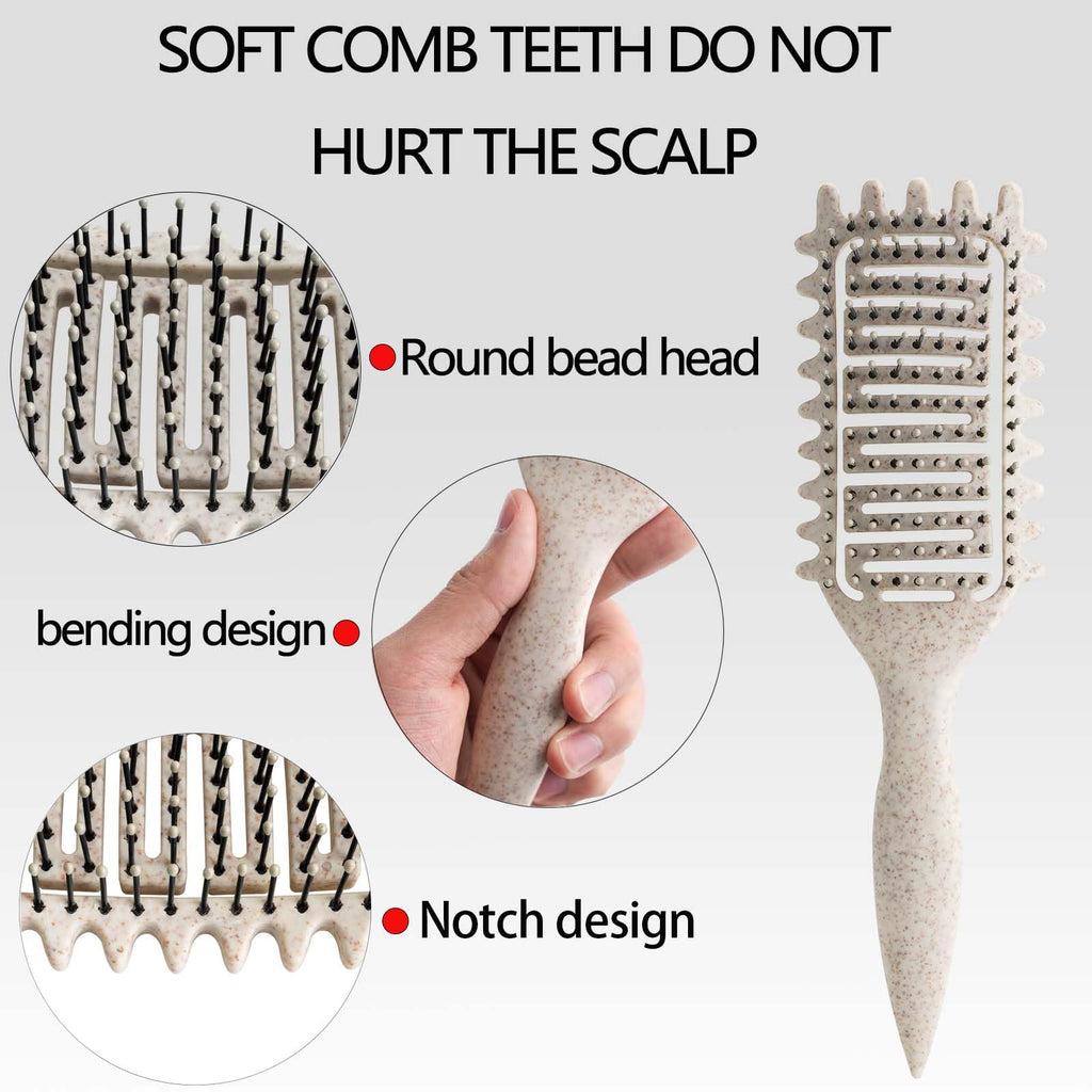 Curl Defining Brush for Curly Hair, Vented Detangling Hair Brush for Wet and Dry Styling, Curved Brush for Shaping and Smoothing Curl Clumps, Lightweight Hair Brush （Beige）