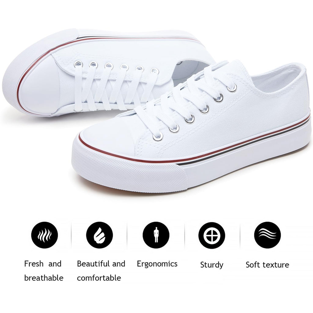 FRACORA Womens White Black Canvas Sneakers Low Top Canvas Shoes for Women Tennis Shoes(White,US8.5)