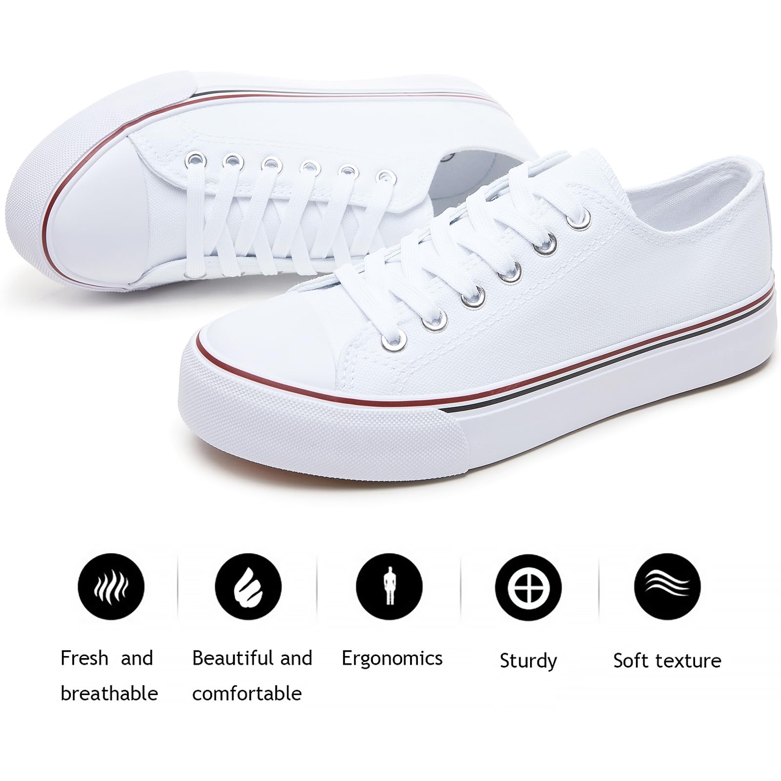 FRACORA Womens White Black Canvas Sneakers Low Top Canvas Shoes for Women Tennis Shoes(White,US8.5)