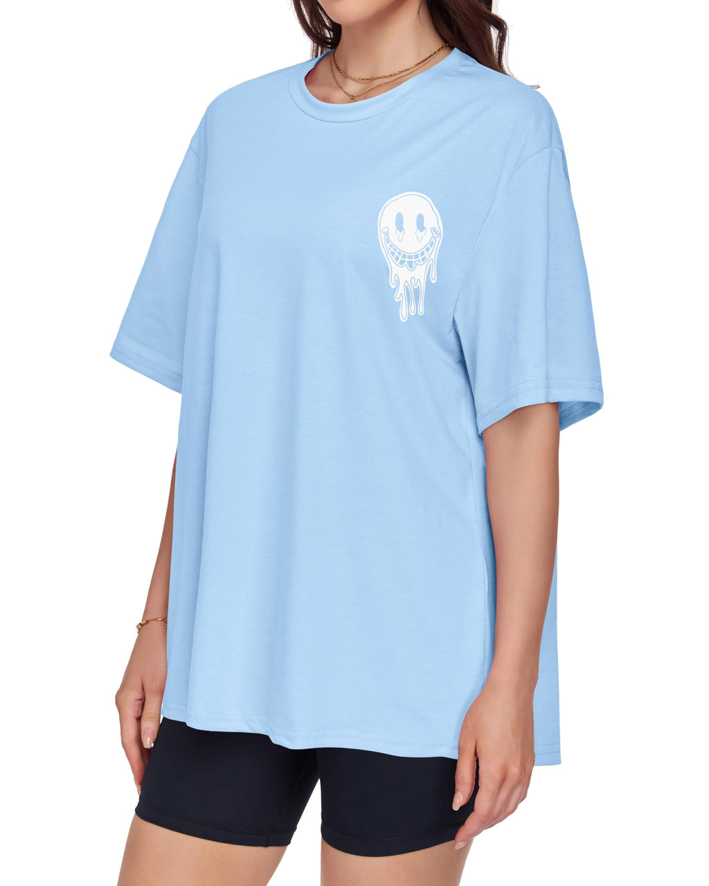ADOREJOY Oversized Tshirts for Women Crewneck Summer Graphic Tees Short Sleeve Loose Basic Tops, Blue White Print, L