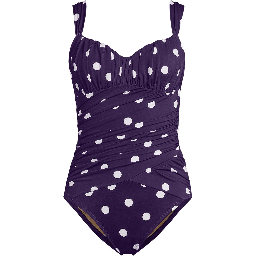 Lands' End Women's Slender Lite Sweetheart Shirred One Piece 2 BlackBerry Polka Dot