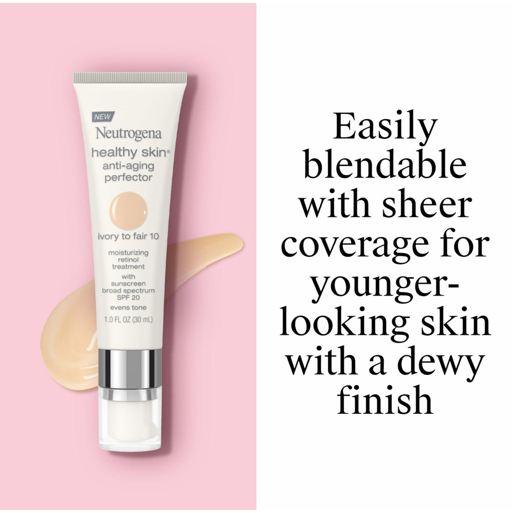 Neutrogena Healthy Skin Anti-Aging Perfector Tinted Facial Moisturizer and Retinol Treatment with Broad Spectrum SPF 20 Sunscreen with Titanium Dioxide, 10 Ivory to Fair, 1 fl. oz