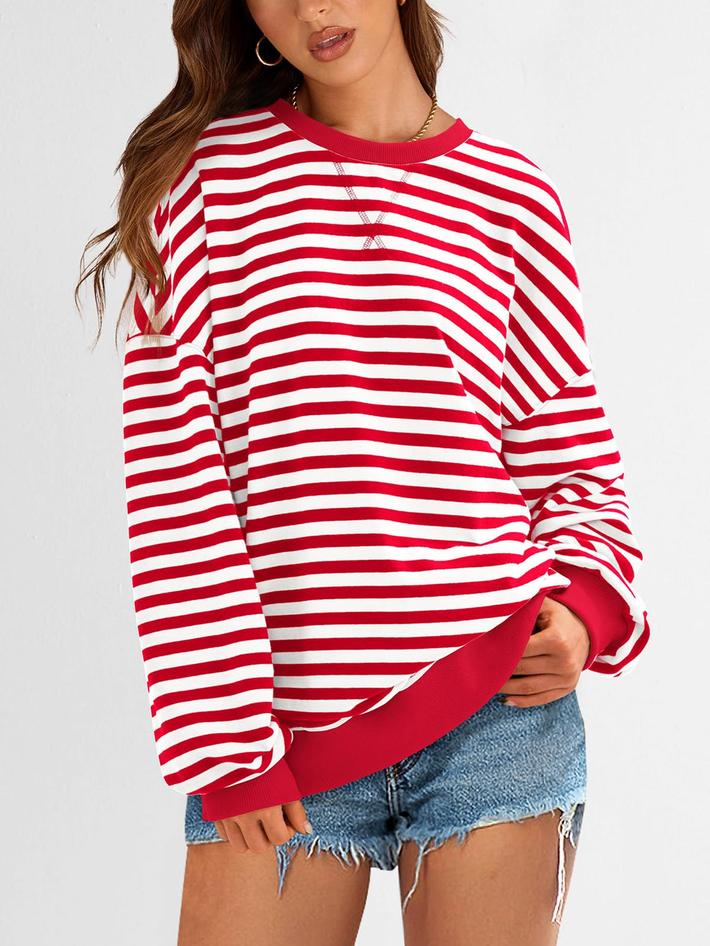PRETTYGARDEN Women Striped Oversized Sweatshirt Color Block Crew Neck Long Sleeve Casual Pullover Top Spring Y2K Clothes (Red White, Small)