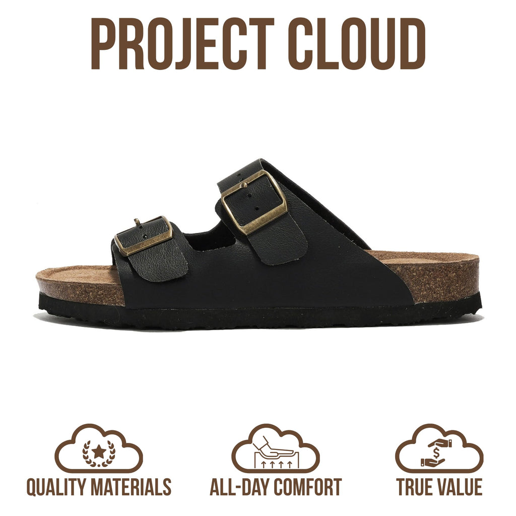 Project Cloud 100% Genuine Leather Flat Sandals For Women 2026 Cork Footbed Womens Sandals with Memory Foam and arch support Vacation Essentials Slides for Women Footwear (VenitaWD,BLK,9)