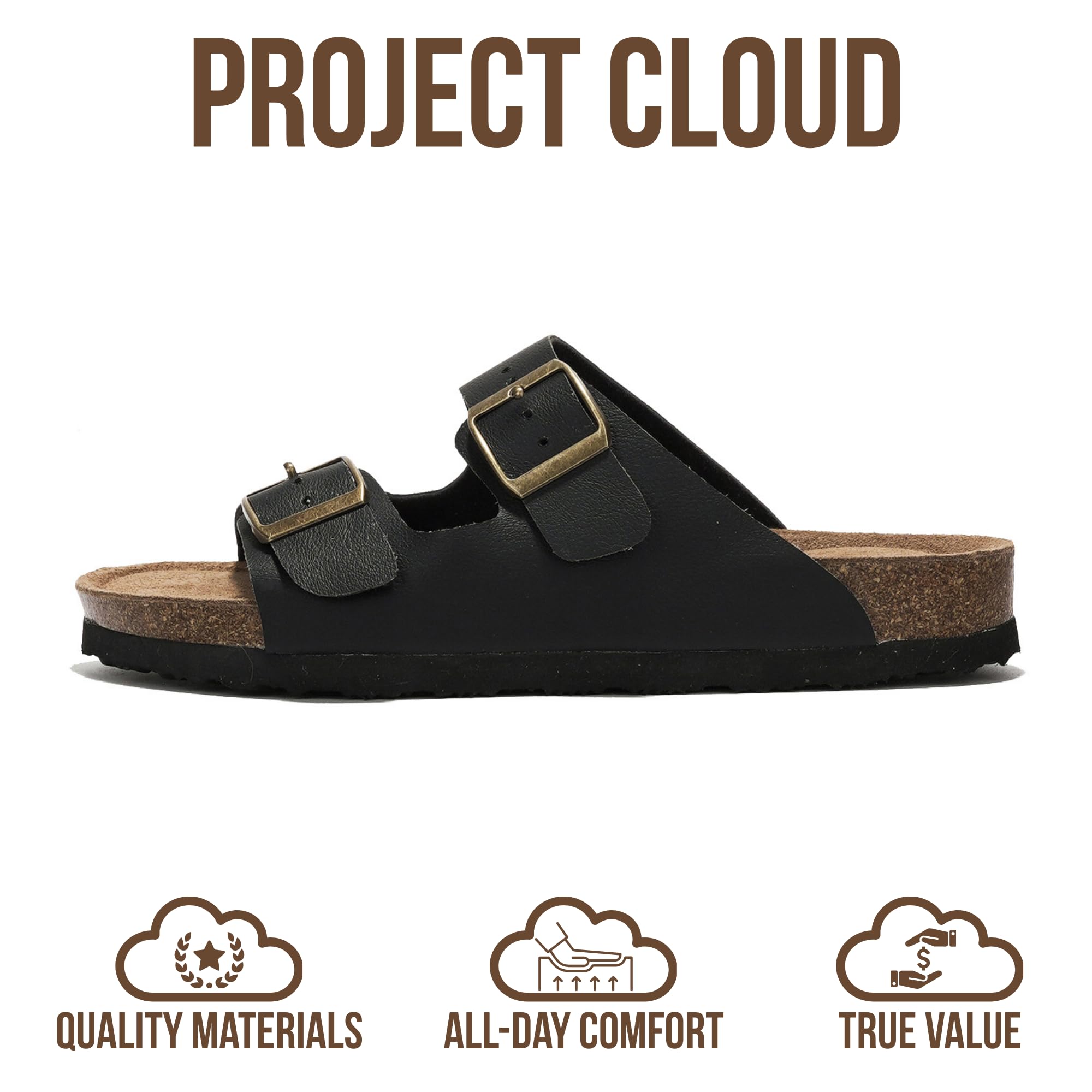 Project Cloud 100% Genuine Leather Flat Sandals For Women 2026 Cork Footbed Womens Sandals with Memory Foam and arch support Vacation Essentials Slides for Women Footwear (VenitaWD,BLK,9)
