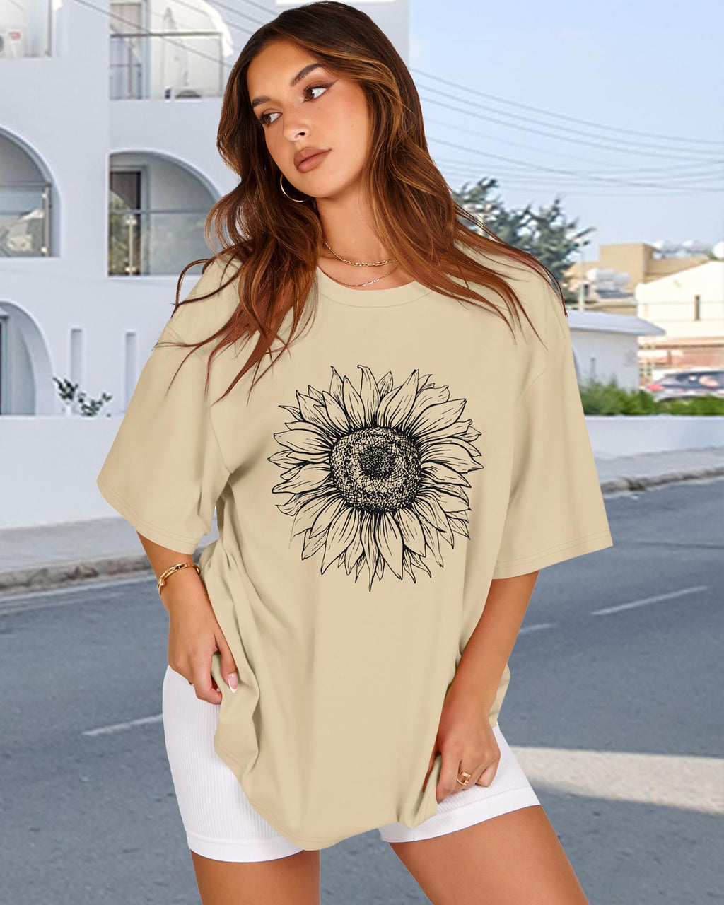 Womens Oversized Tshirt Graphic Tees Crew Neck Summer Short Sleeve Loose Fit Tops (A-Sunflower Print Khaki, L)