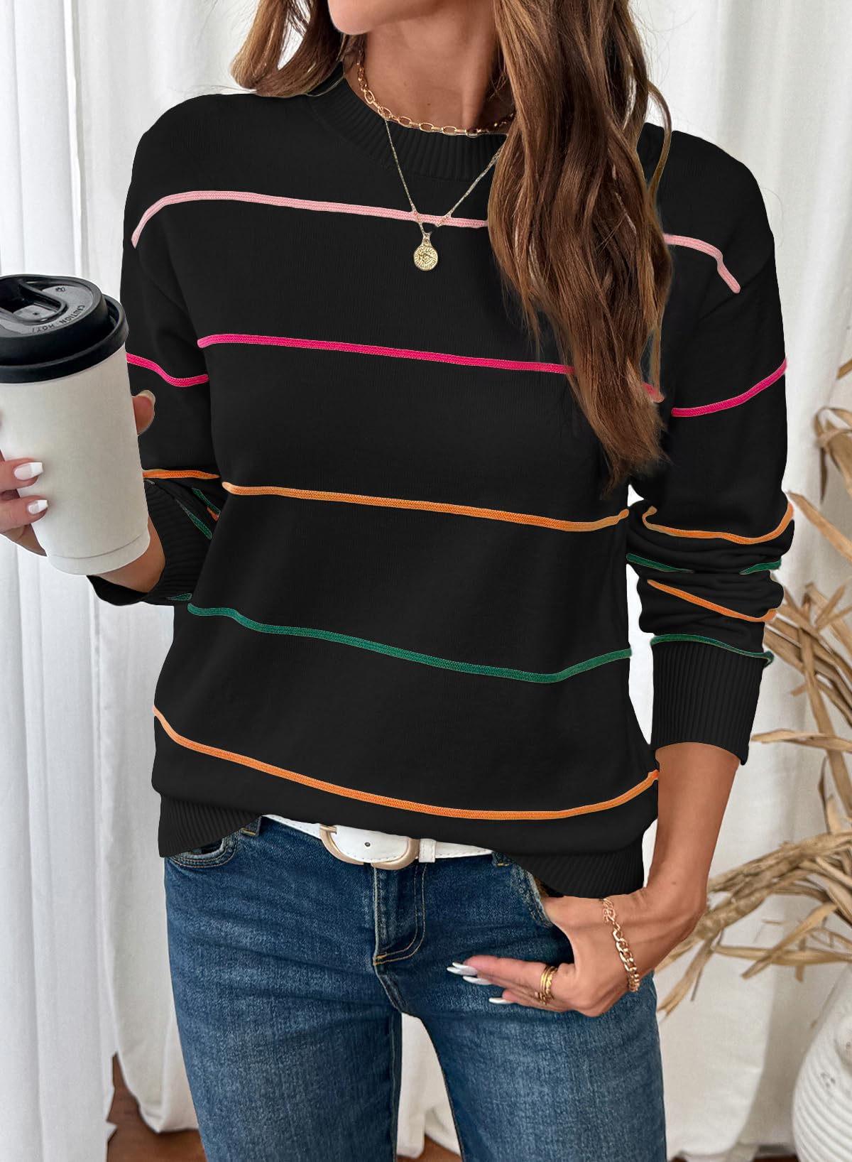 SHEWIN Womens Tops Dressy Casual Crew Neck Striped Sweater Women Lightweight Fall Tops for Women 2025 Long Sleeve Tops Womens Sweaters Black Medium