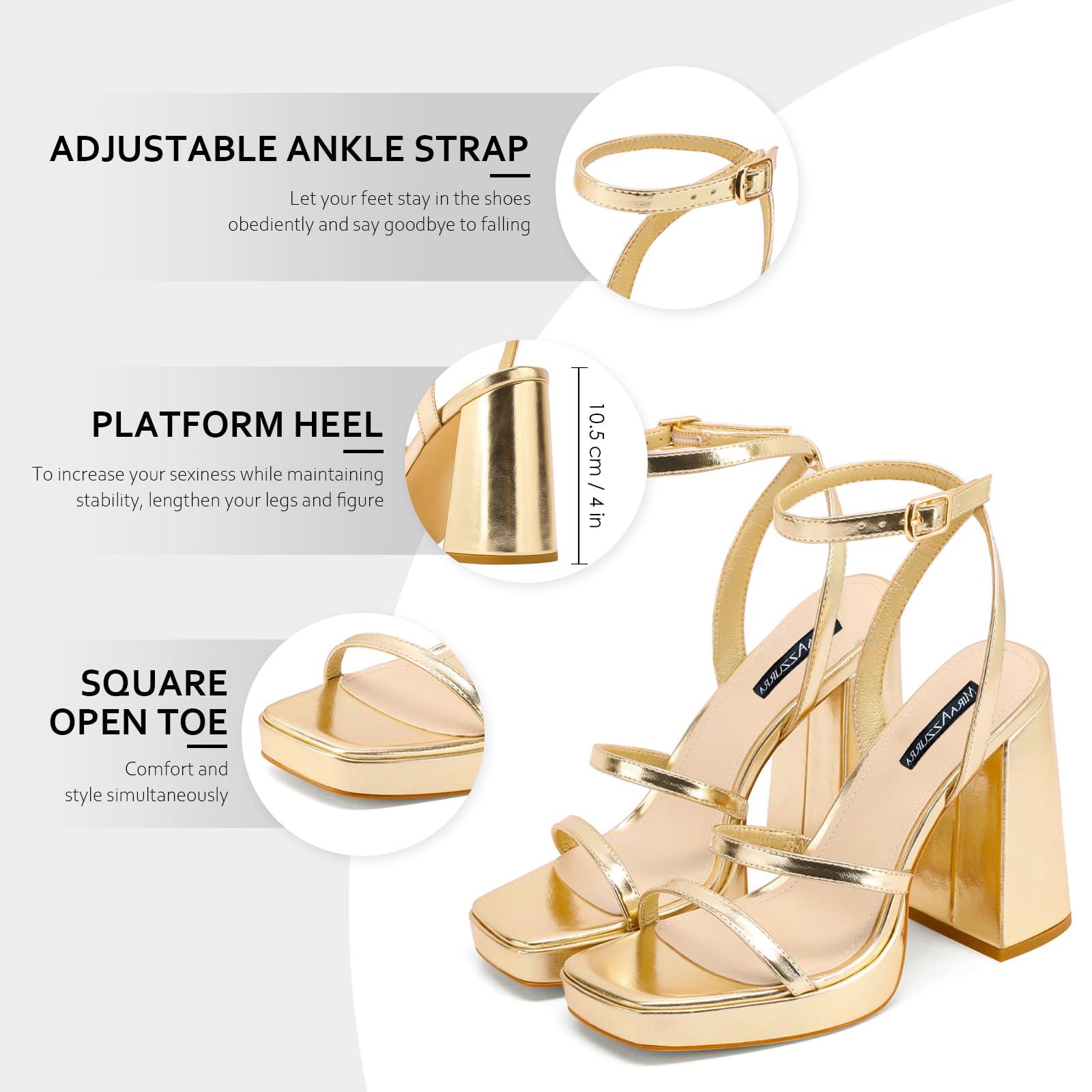 MIRAAZZURRA Platform Strappy Heel Sandals Square Open Toe Two Strap Chunky High Heeled Sandals with Buckle Ankle Strap for Women Party Wedding Dress Gold 7