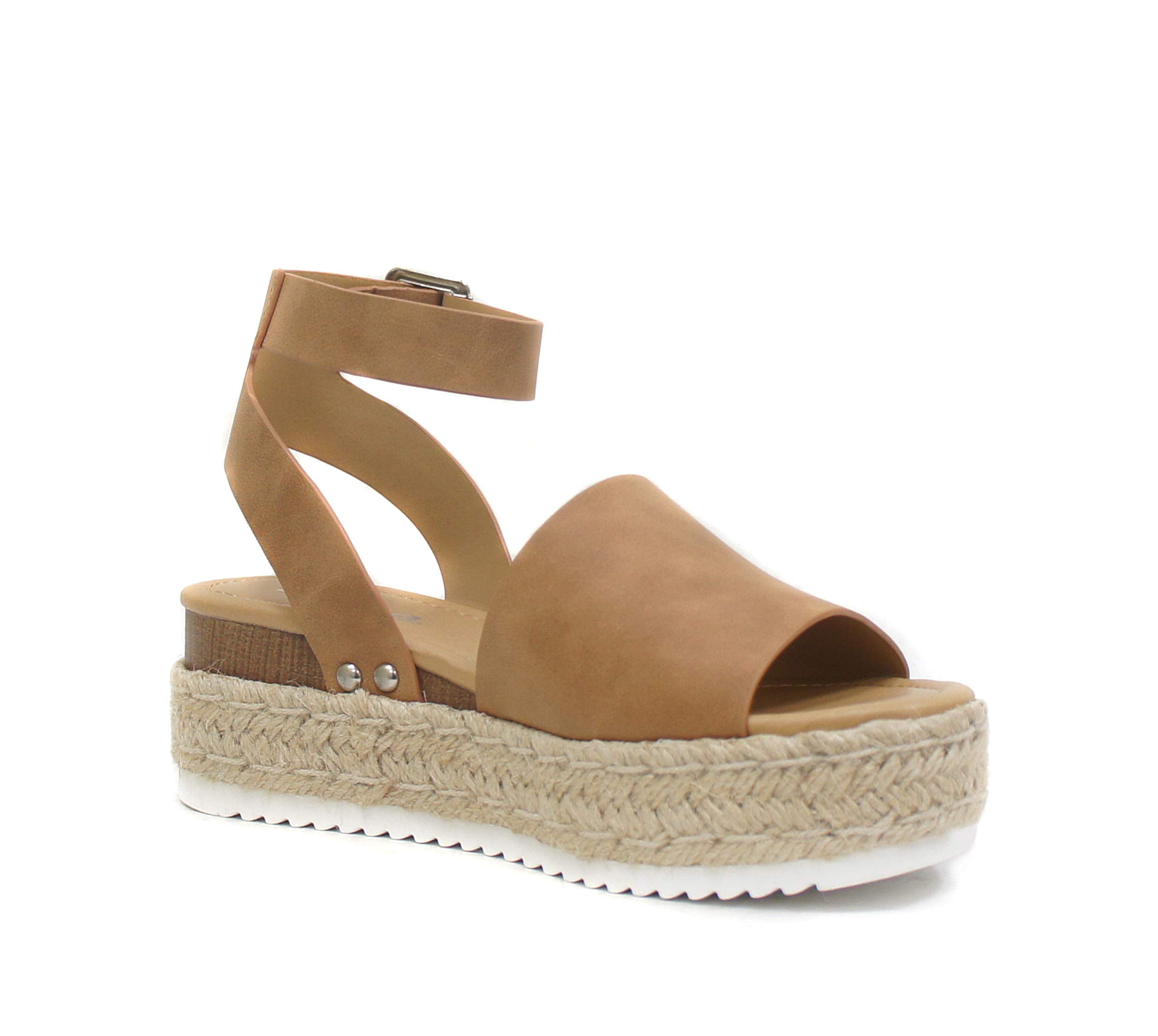 Soda Topic Open Toe Buckle Ankle Strap Espadrilles Flatform Wedge Casual Sandal (Tan, 10)