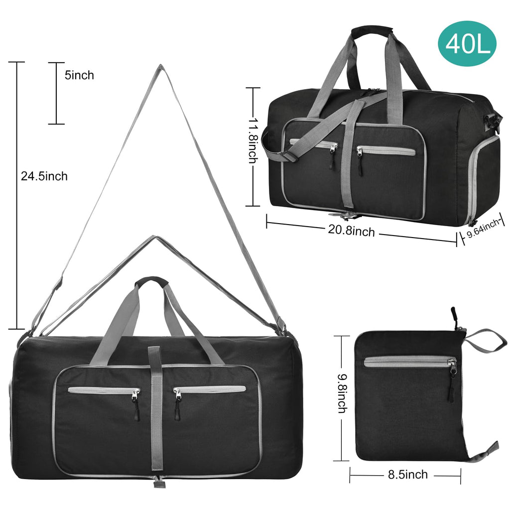 Dimayar 40L Travel Duffle Bag for Men Women - Foldable Duffel Bag with Shoes Compartment - Overnight Bags Waterproof & Tear Resistant(Black)