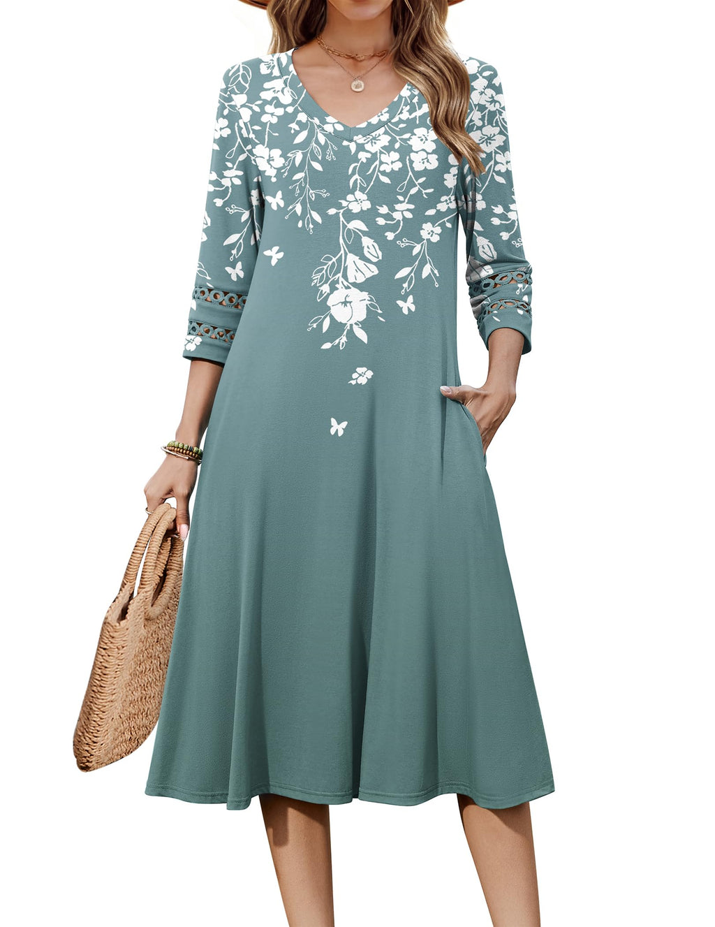 Zeagoo Summer Dress for Women Floral 3/4 Sleeve Midi Length Aline Elegant Loose Dress with Pockets Floral Print M