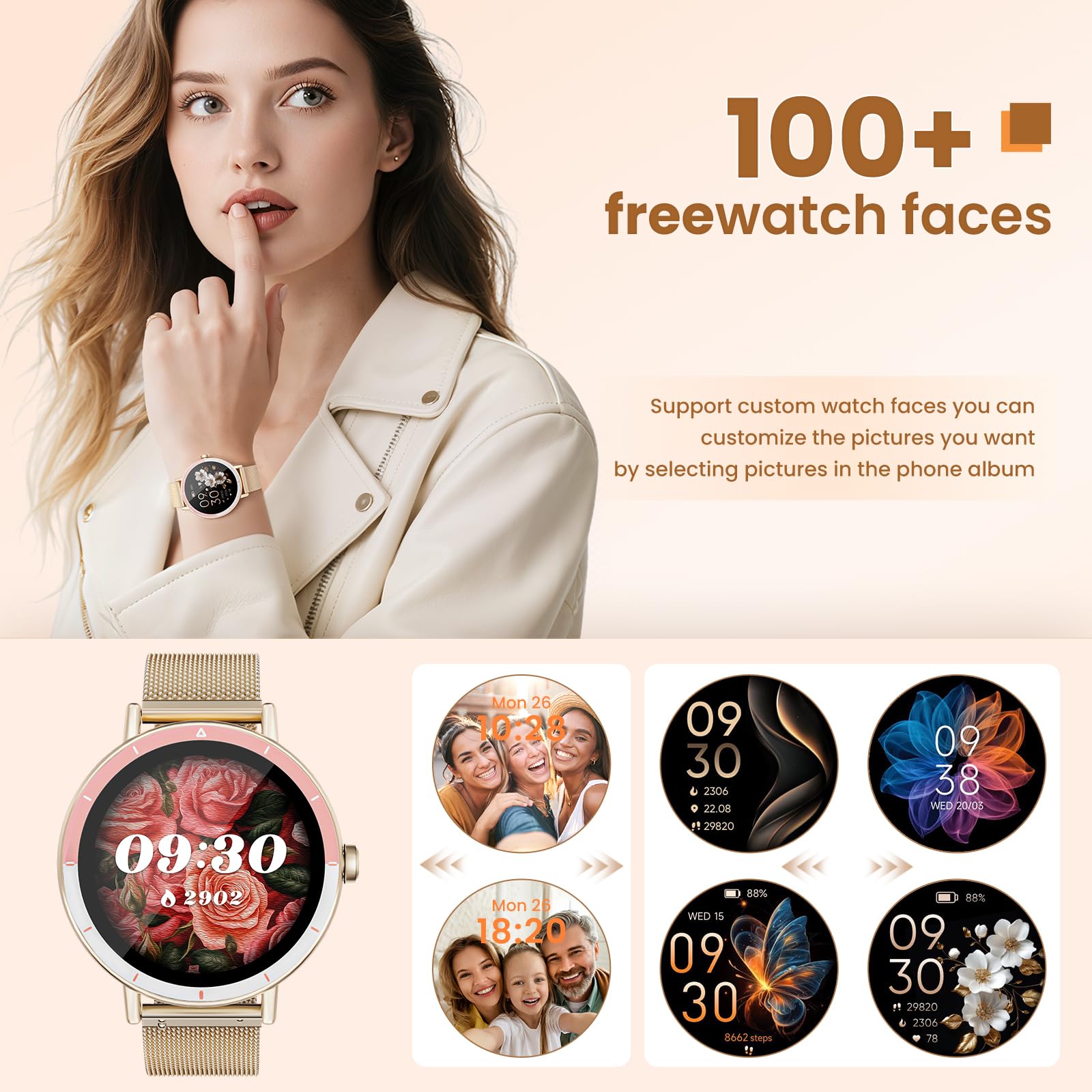 KEEPONFIT Smart Watches for Women Android/iPhone, IP68 Waterproof Fitness Tracker with Bluetooth Calls(Answer&Make), Activity Pedometer/Heart Rate/SpO2 Monitor/100+ Sports Model