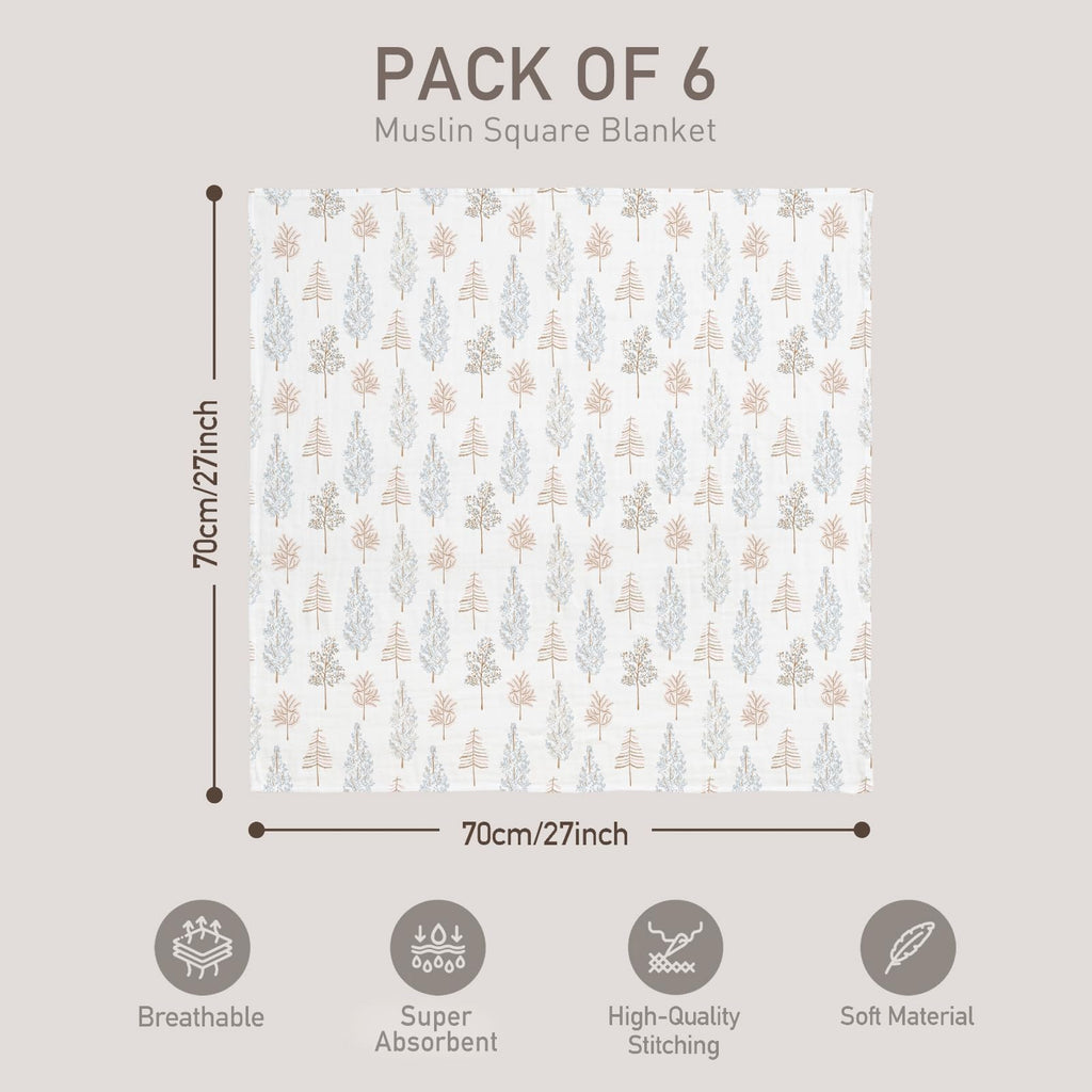 GLLQUEN BABY Receiving Blanket Boy Cotton Muslin Swaddle Blankets Girl Newborn Squares Breathable & Soft Thin Baby Blankets Cloths Double Absorbent Infant Swaddling Wrap - 6 Pack (Pine Tree & Train)