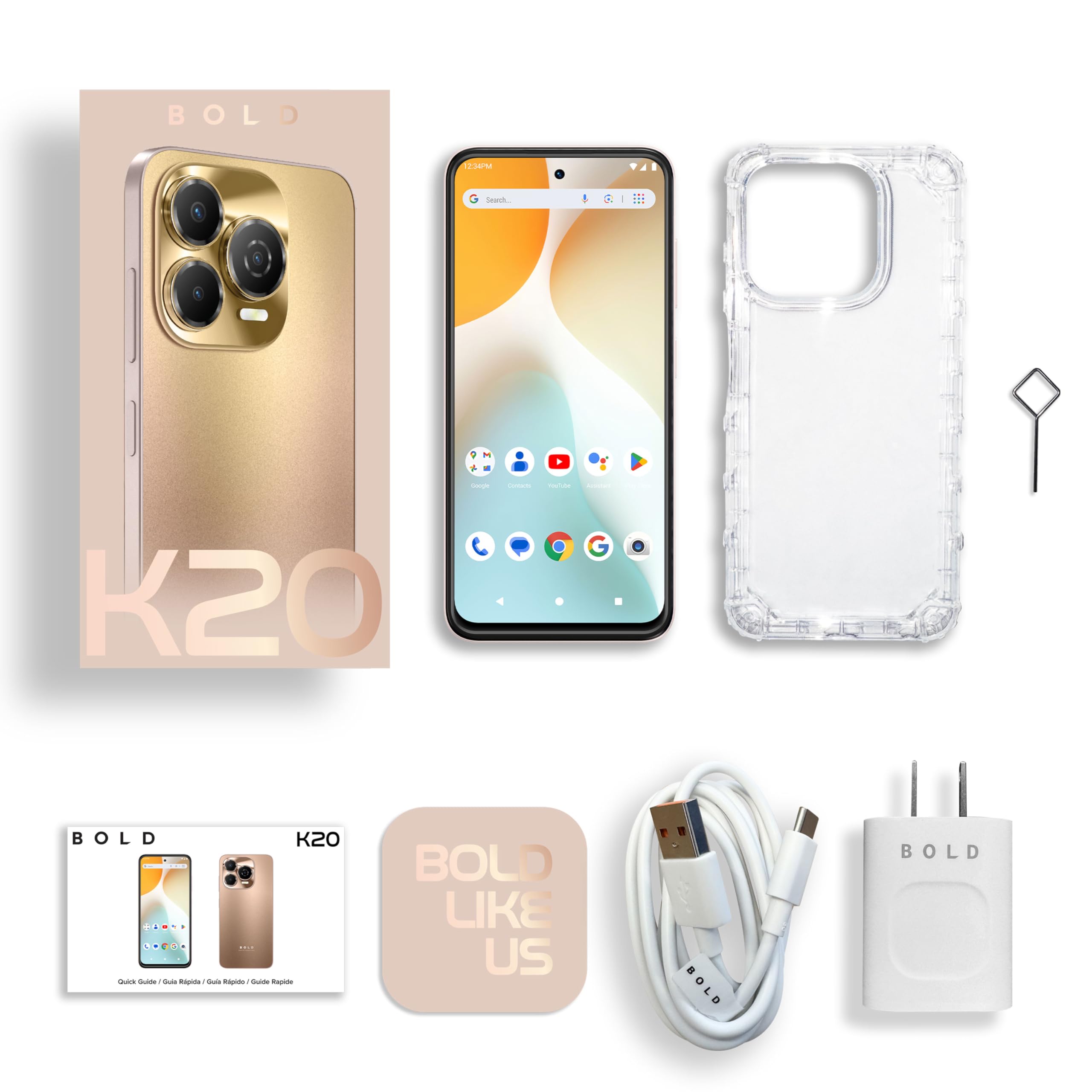BLU Bold K20 | 2025 | All-Day Battery | Unlocked | 6.7” HD+ Infinity Dot Display | 256/4GB | Triple 50MP Camera | US Version | US Warranty | (Gold)