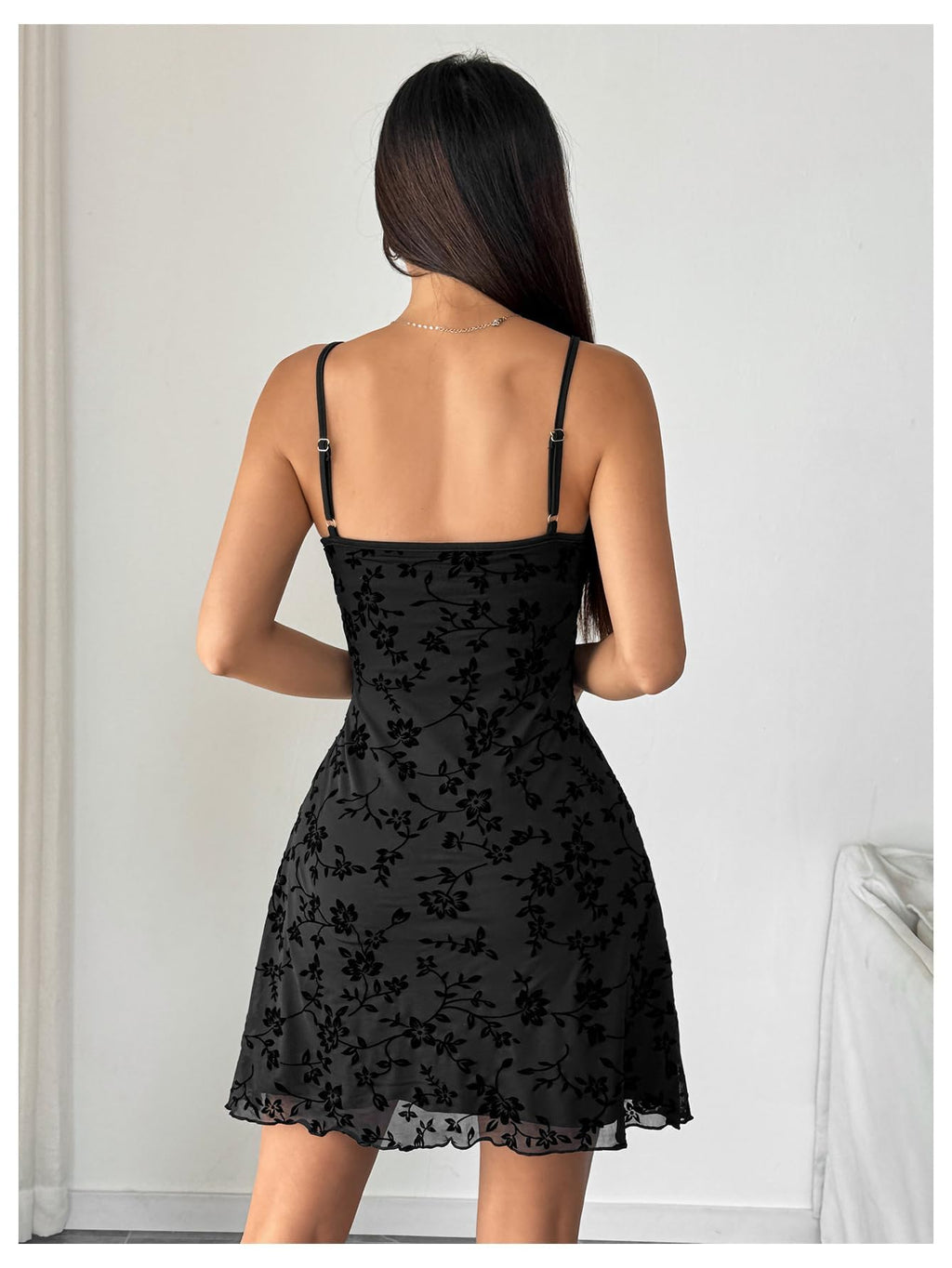 Verdusa Women's Mini Dress Floral Spaghetti Strap Mesh Short Dresses Going Out Sundress Y2k Gothic Clothes Dark Black Medium