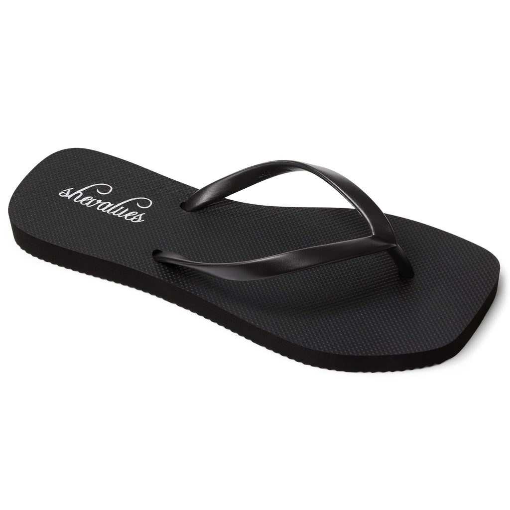 shevalues Women's Slim Square Toe Flip Flops Comfortable Summer Rubber Thong Sandals for Beach, Shower & Pool, Black, EU39