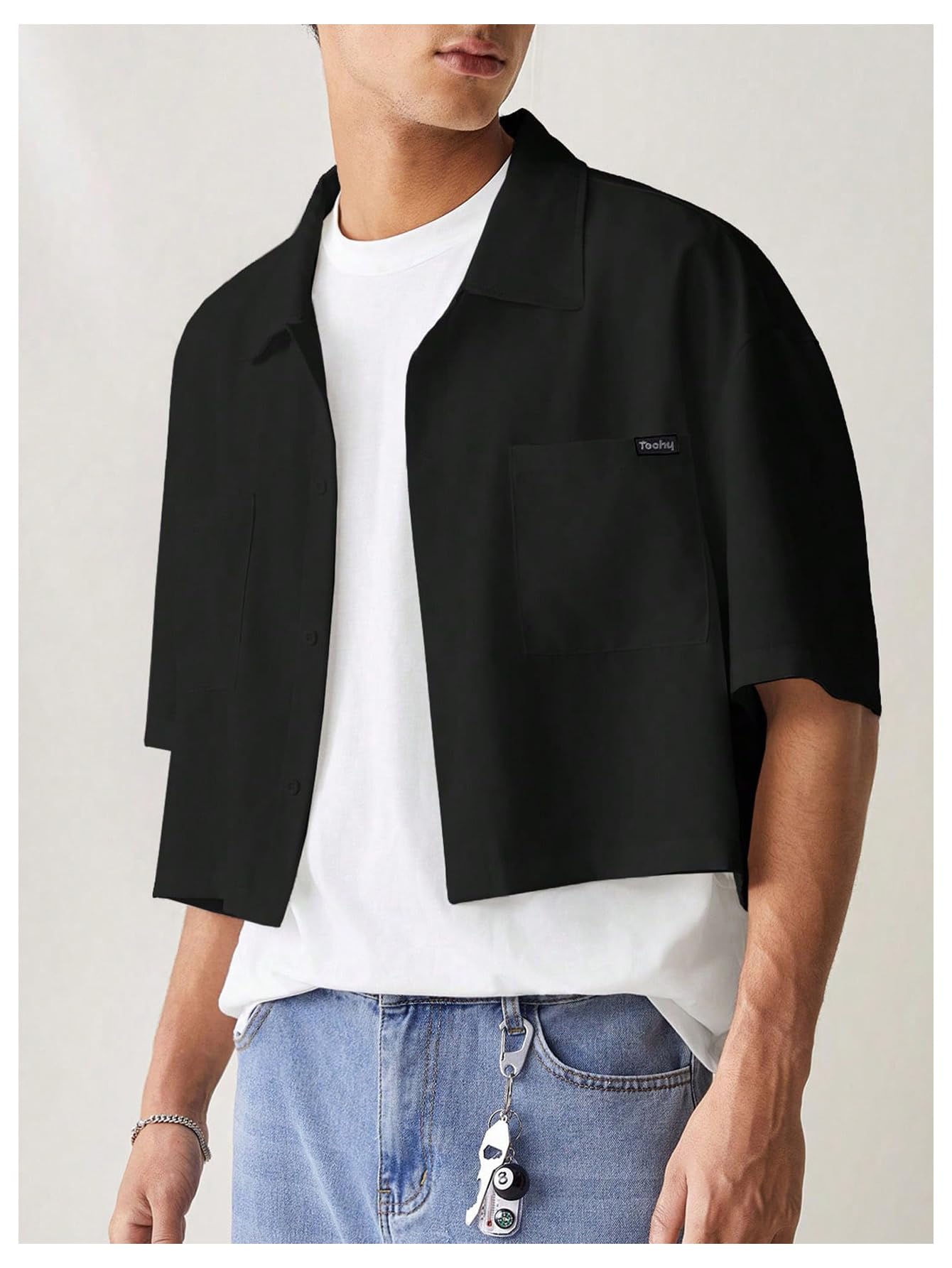 SHENHE Men's Summer Short Sleeve Button Down Crop Shirt Loose Fit Casual Shirt with Pockets Black Small