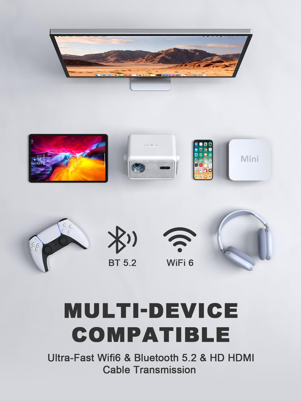 4K Smart Projector with WiFi and Bluetooth, Officially-Licensed App & 2000 ANSI,Auto Focus & Keystone Portable Projector with Stand,Outdoor Home Theater Projector