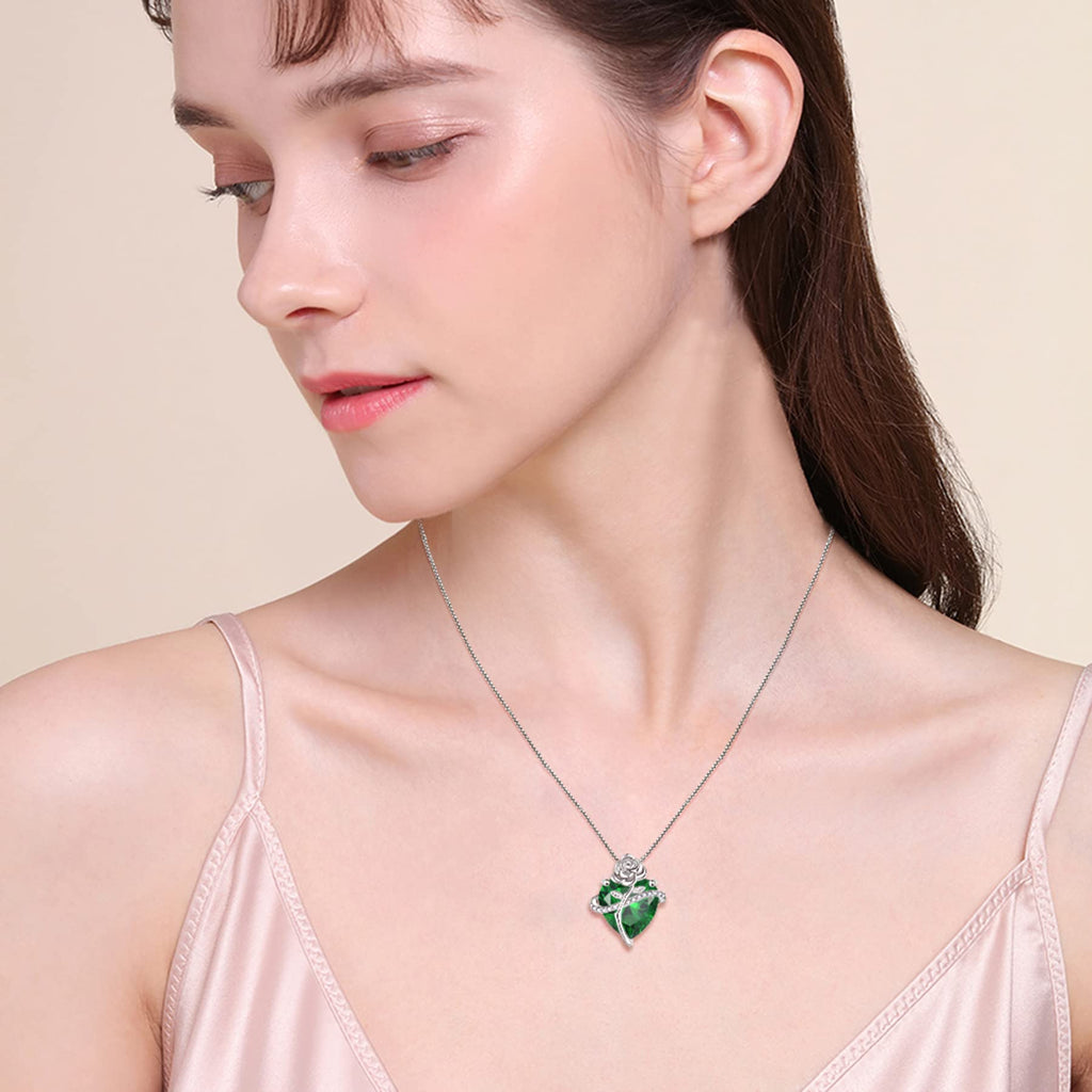 Rocayi Emerald Necklace May Birthstone Necklace for Women 925 Sterling Silver Love Heart Rose Flower Necklace Dainty Jewelry for Women
