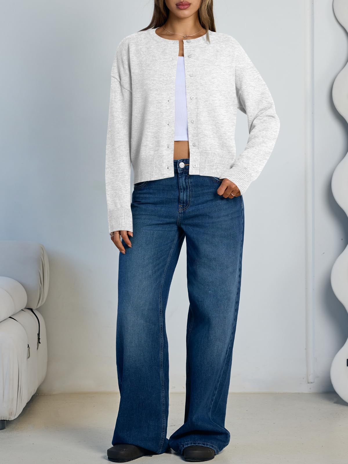 Trendy Queen Cropped Cardigan Sweaters for Women Lightweight Y2k Fall Outfits Spring Fashion Clothes 2026 Grey M