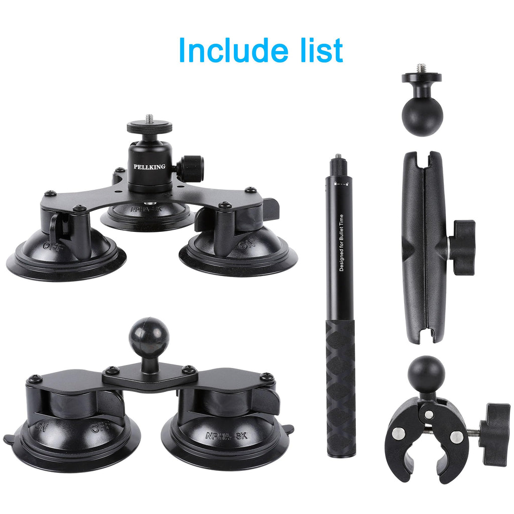 PellKing Suction Car Mount for Insta360 x5,x4, x3, x2, x,One RS,R Compatible with GoPro Max DJI OSMO 360 Camera 5 in 1 Suction Mount Kit for Action Cameras (Includes 44.9-inch Selfie Stick)