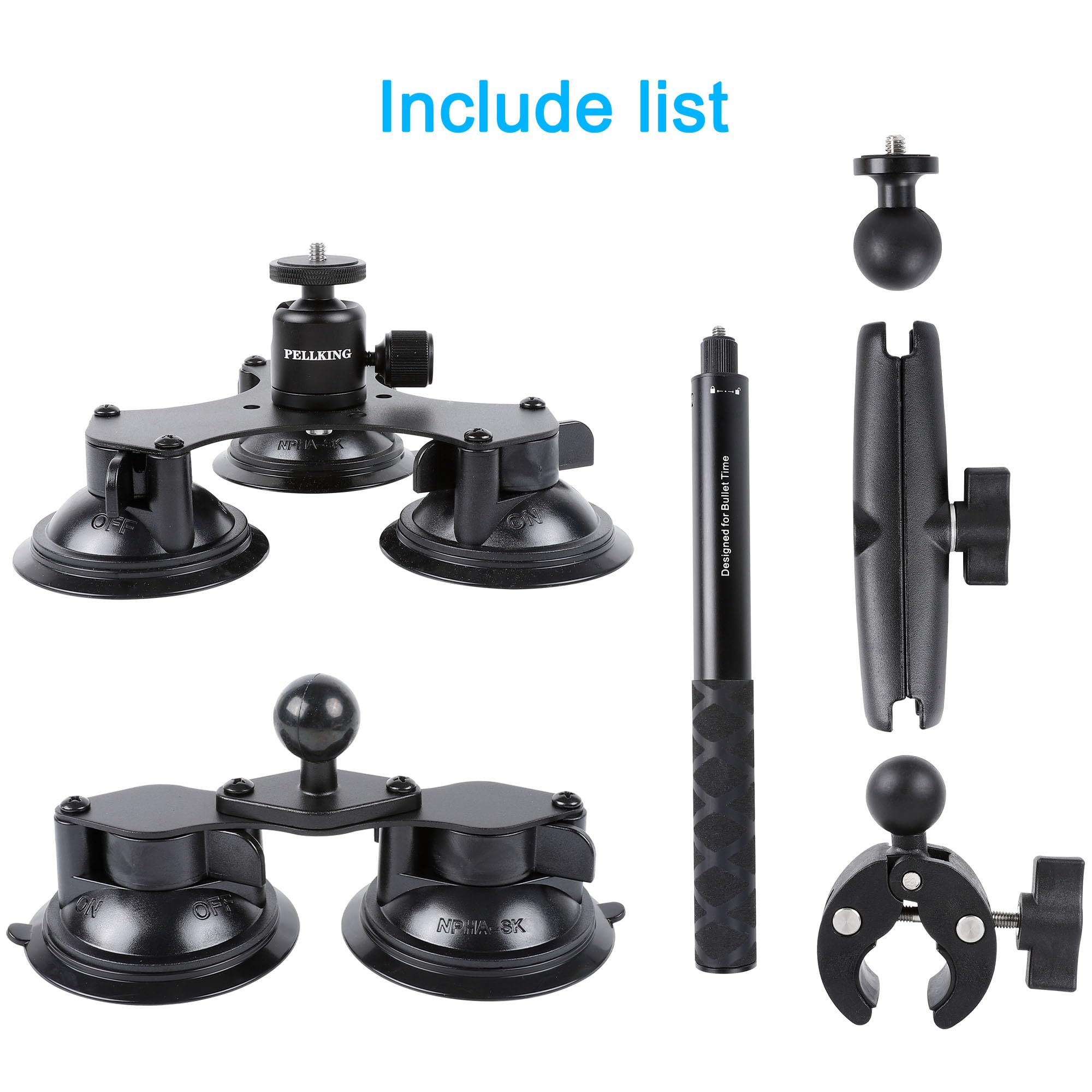PellKing Suction Car Mount for Insta360 x5,x4, x3, x2, x,One RS,R Compatible with GoPro Max DJI OSMO 360 Camera 5 in 1 Suction Mount Kit for Action Cameras (Includes 44.9-inch Selfie Stick)