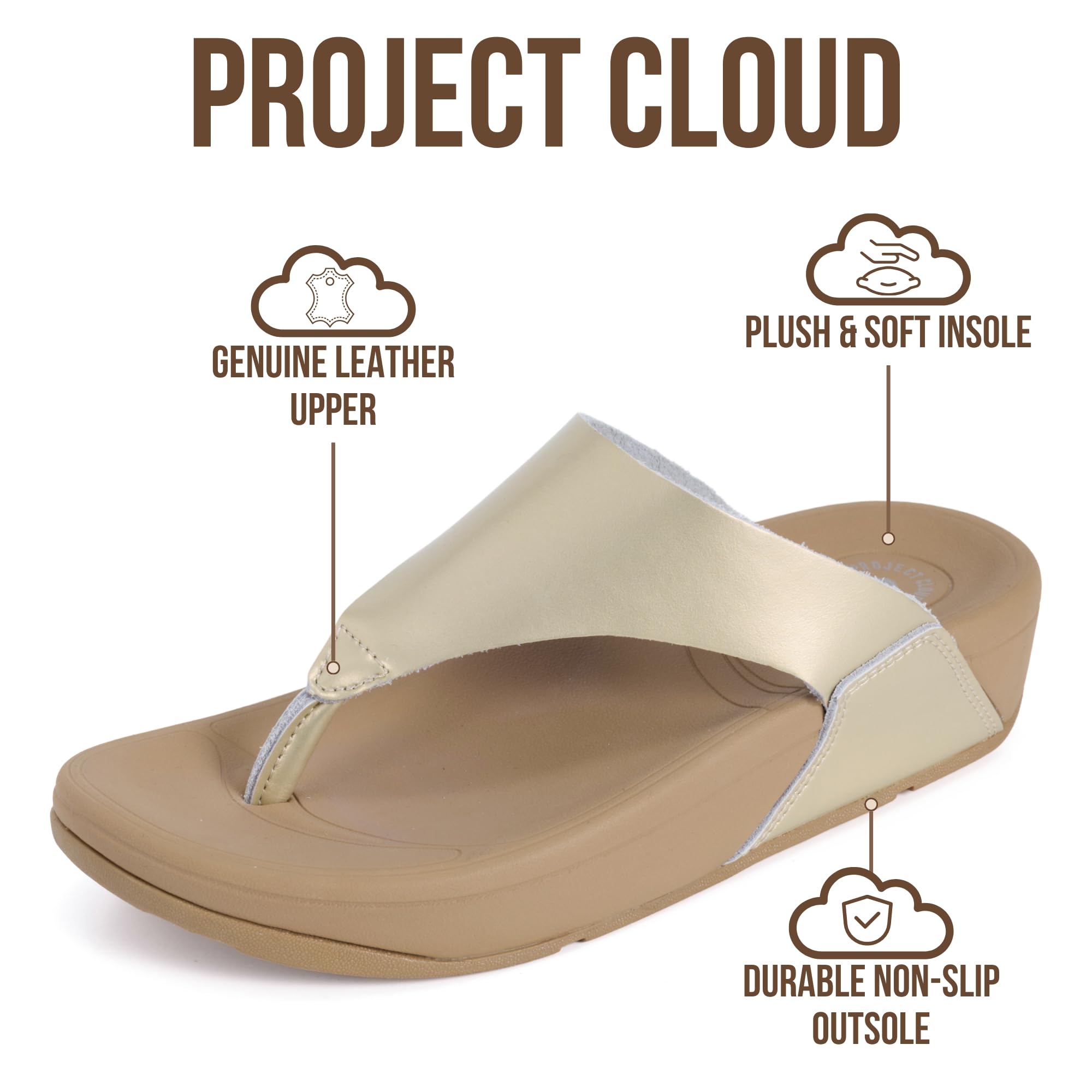Project Cloud Genuine Leather Women’s Sandals – Thong Flip Flops with Plush Soft Insole, Arch Support & Non Slip Outsole – Comfortable Beach & Summer Slides (Arlo-GOLD-10)
