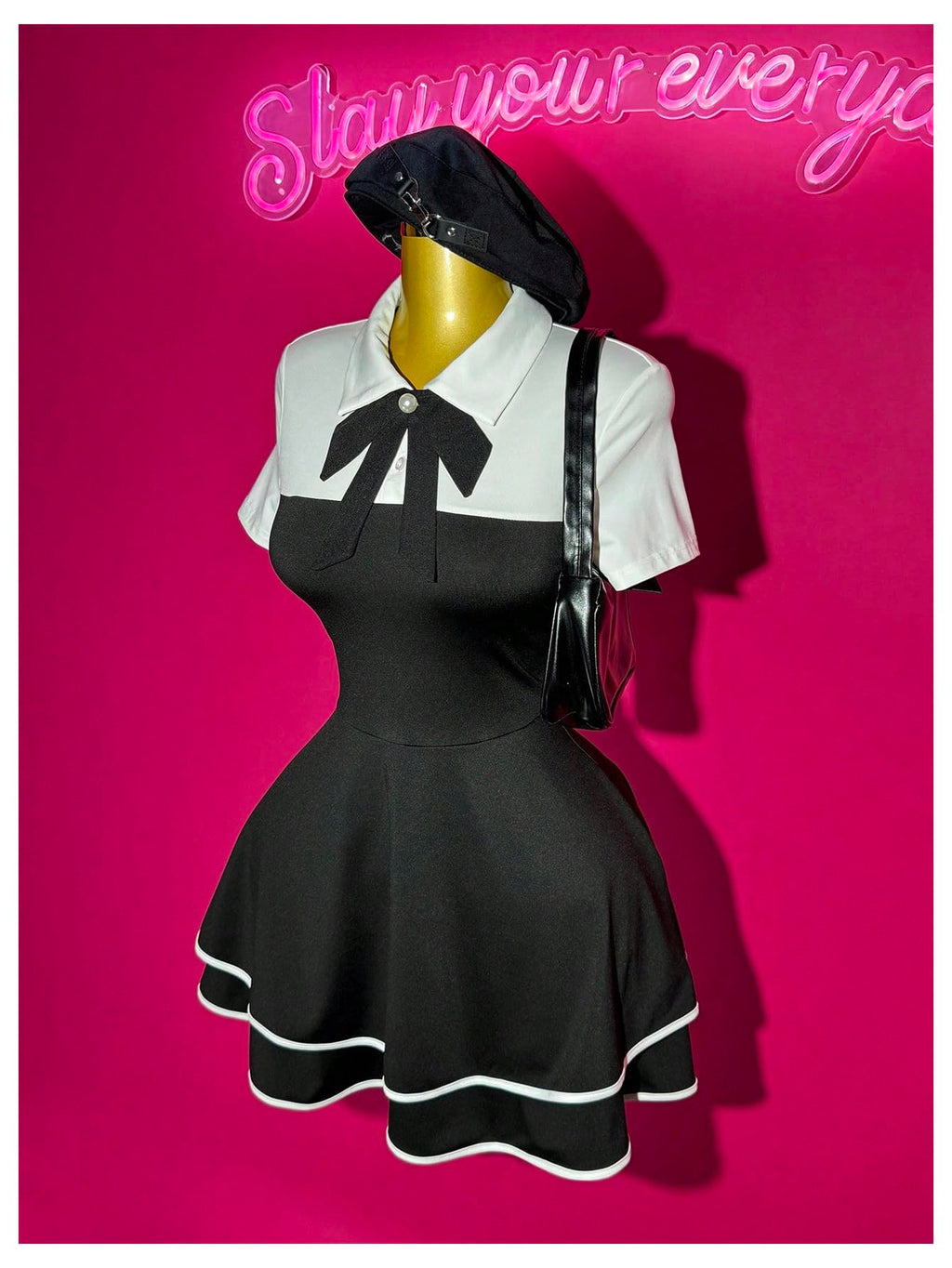 WDIRARA Women's Collared Button Up Short Sleeve Dress Pearl Tie Ruffle Layered Flowy Preppy Dresses Black Large