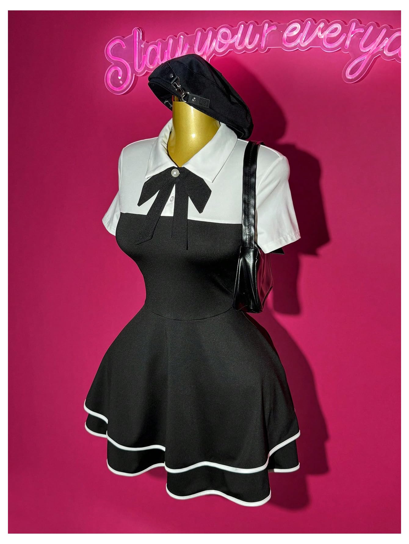 WDIRARA Women's Collared Button Up Short Sleeve Dress Pearl Tie Ruffle Layered Flowy Preppy Dresses Black Large