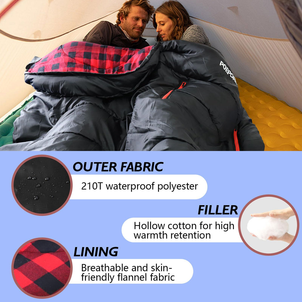 POEPORE Flannel Sleeping Bag Lightweight Warm Weather 3-4 Seasons for Adults XL Wearable Sleeping Bag Waterproof with Compression Sack Black/Red