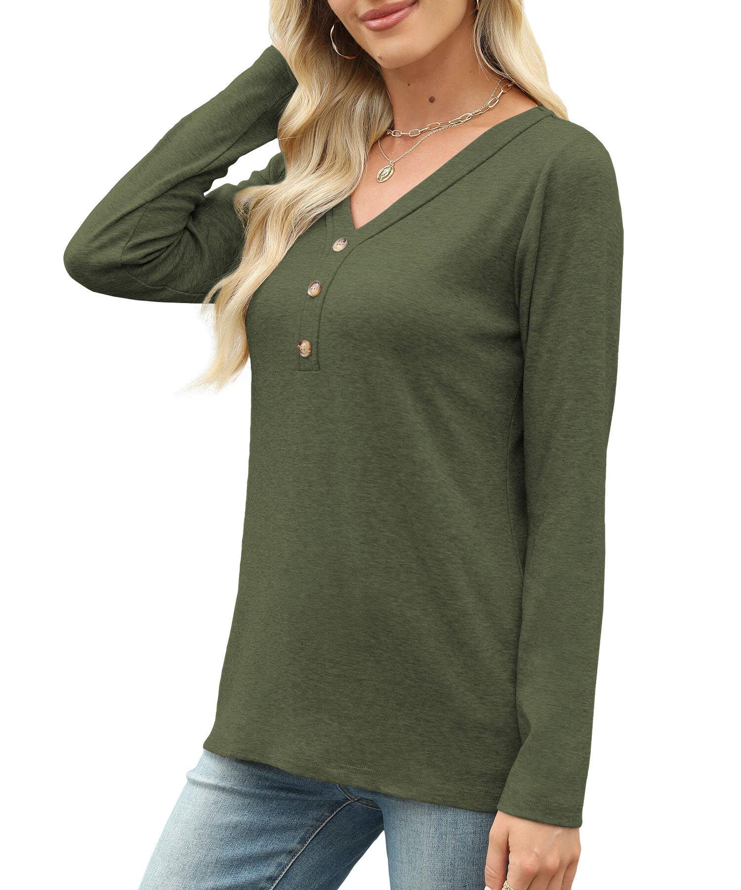 XMTOPYE Womens Long Sleeve Tops V Neck Button Tunic Fall Clothes Lightweight Blouses Green
