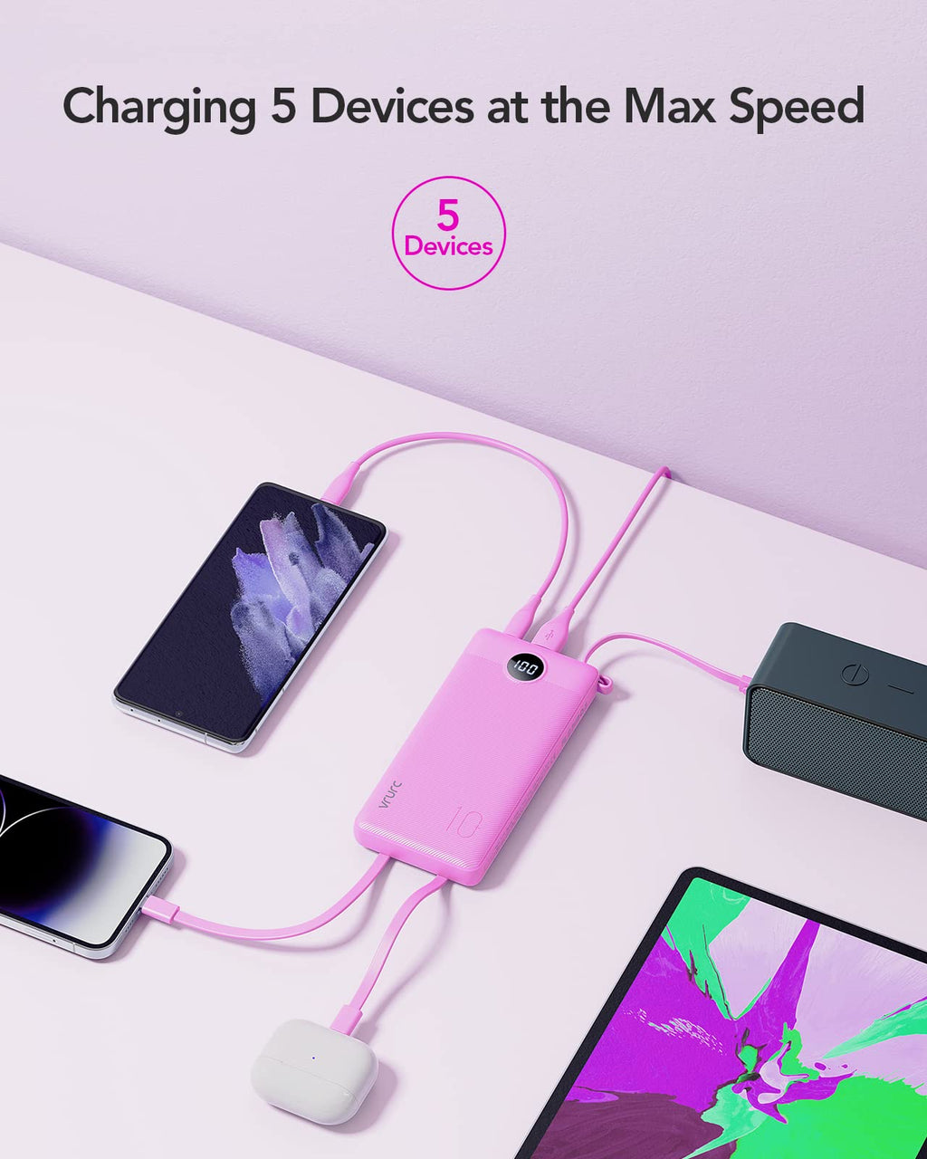 VRURC Power Bank for iPhone, Compact Portable Charger Built in Cables, 10000mAh Flight-Safe Battery Pack,5 Output USB C External Phone Charger for iPhone 17 Pro 17 16 15 14 13,Samsung-Purple(1 Pack)
