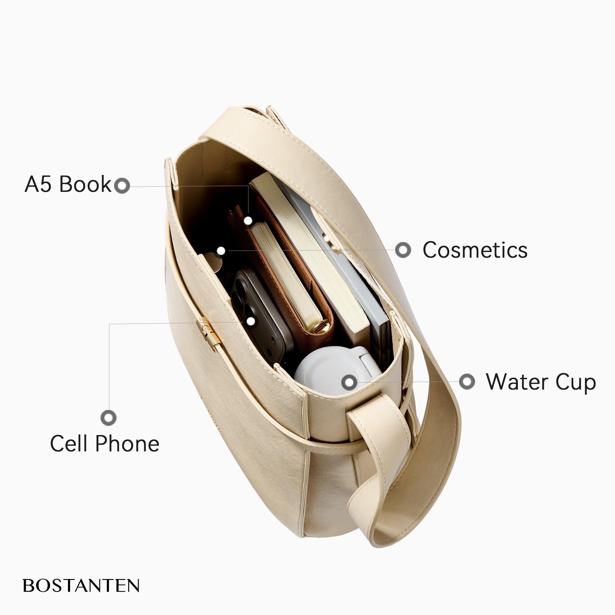 BOSTANTEN Bucket Bag Soft Vegan Leather Purses for Women Trendy Shoulder Handbags Separate Pouch Beige Apricot