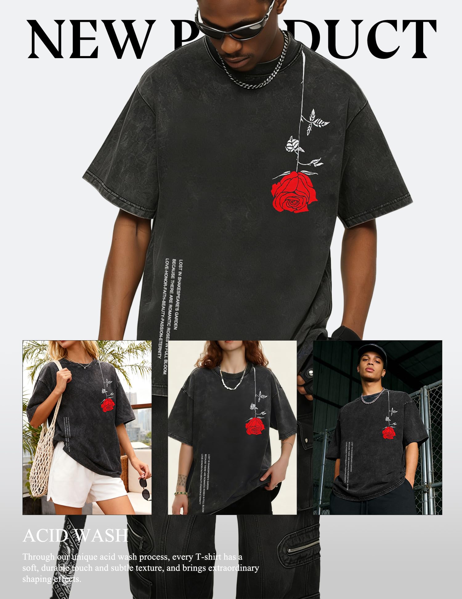 UOUA Mens Graphic Tees Vintage Oversized T-Shirts Casual Acid Wash Cotton Streetwear (S-2XL) Rose-Black