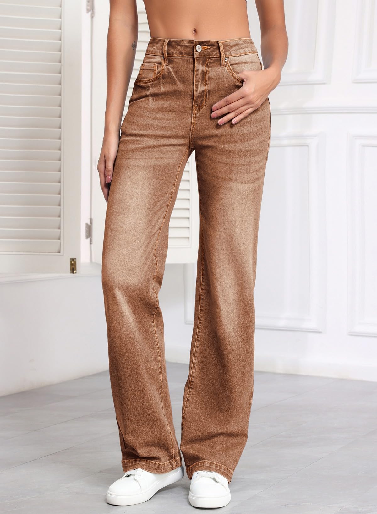 Sidefeel Women's Wide Leg Jeans Casual High Waisted Straight Denim Pants with Pockets Brown Size 12