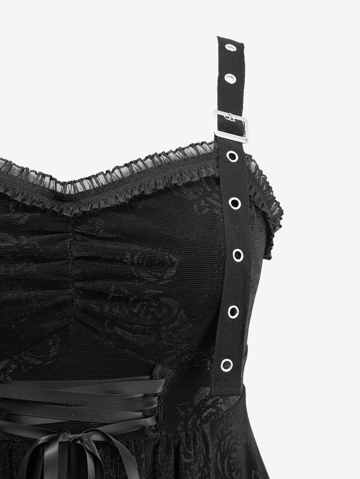 Rosegal Women Plus Size Gothic Sleeveless Dress Rose Floral Lace-up Layered Handkerchief Hem Midi Swing Dress(Black/5X)