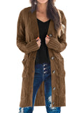 PRETTYGARDEN Long Sleeve Cable Knit Long Cardigan for Women 2026 Spring Winter Chunky Open Front Button Sweaters with Pockets(Coffee,Small)