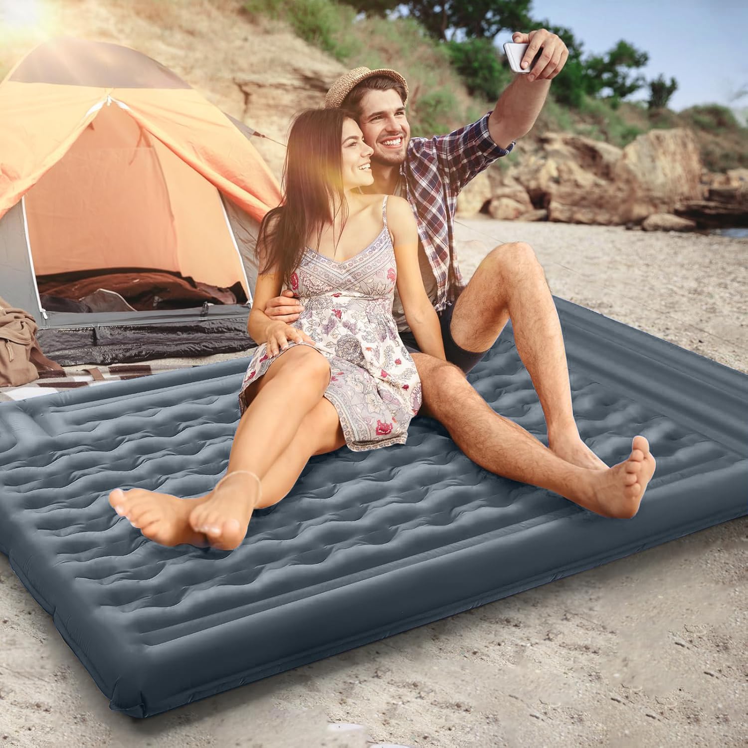 FNARMW Double Sleeping Pad Camping, Self Inflating 6'' Extra-Thick 2 Person Pillow Built-in Foot Pump Waterproof Inflatable Sleeping Mat Backpacking, Tent, Hiking, Portable Camping Pad (Grey)