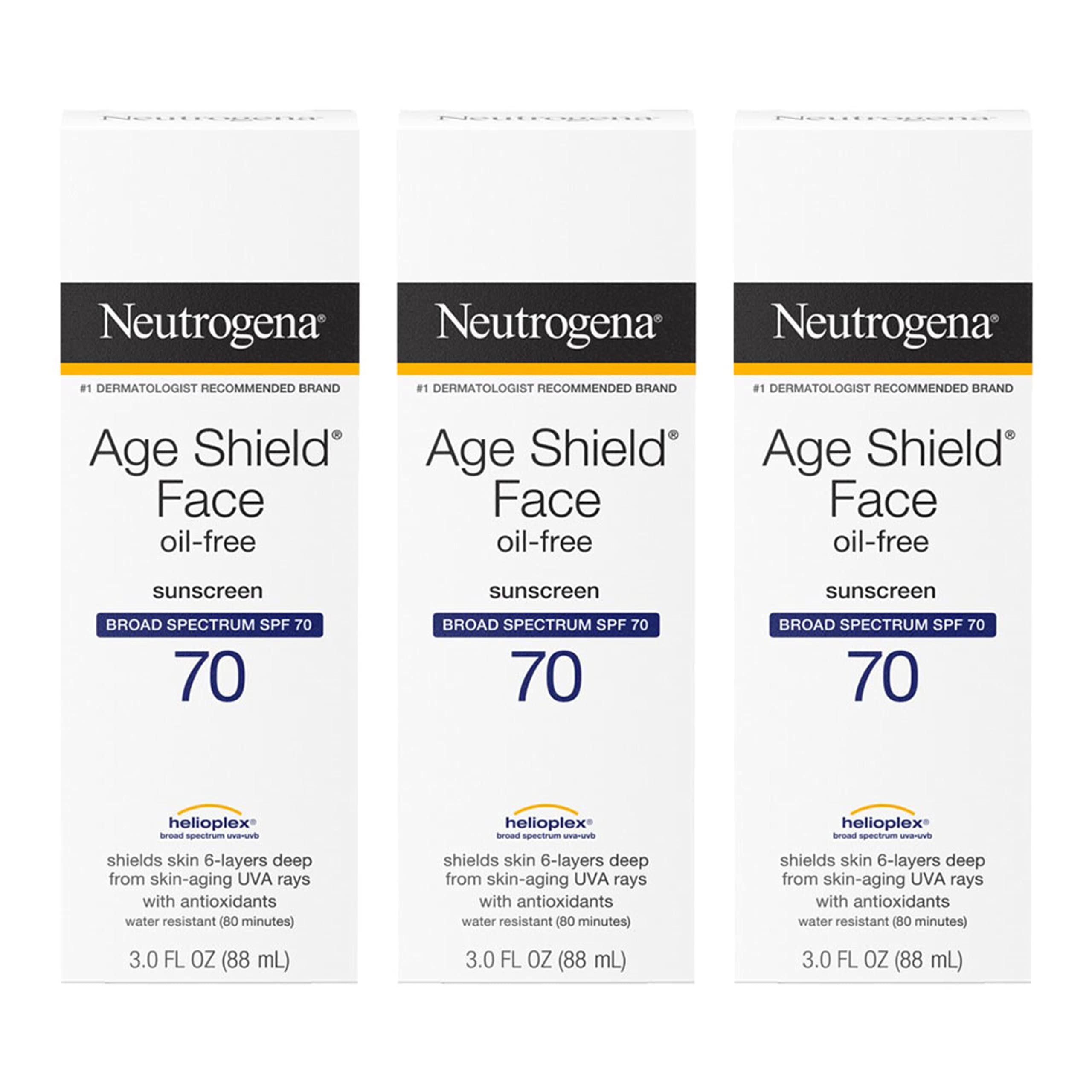 Neutrogena Age Shield Face Oil-Free Sunscreen Lotion with Broad Spectrum SPF 70, Non-Comedogenic Moisturizing Sunscreen to Help Prevent Signs of Aging, PABA-Free, 3 fl. oz (Pack of 3)