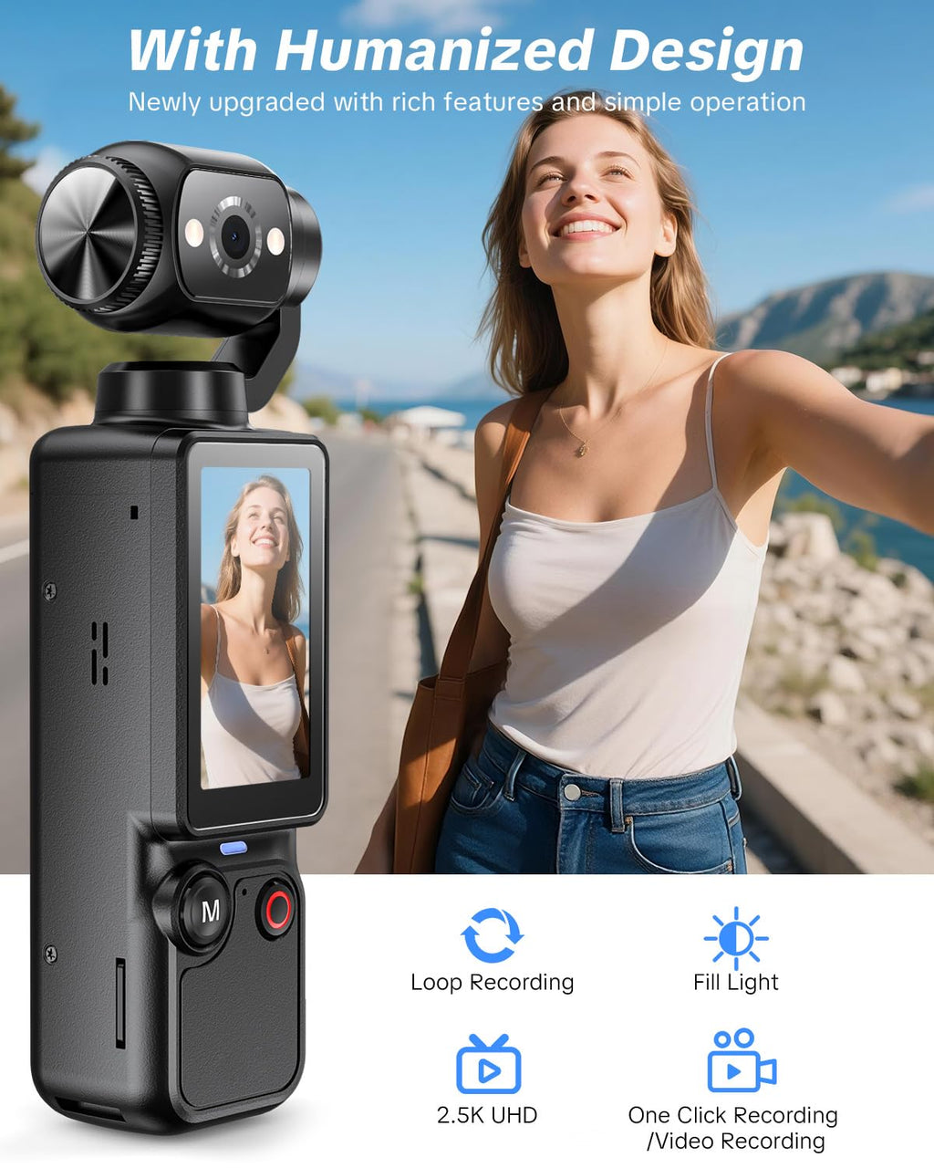 W & O Vlogging Camera with 180° Rotating Lens, Pocket Body Camera with Audio & Video Recording,7-Hour Battery, Handheld POV Cameras with 32GB Card, Easy One-Button Recording for Travel,Daily Life